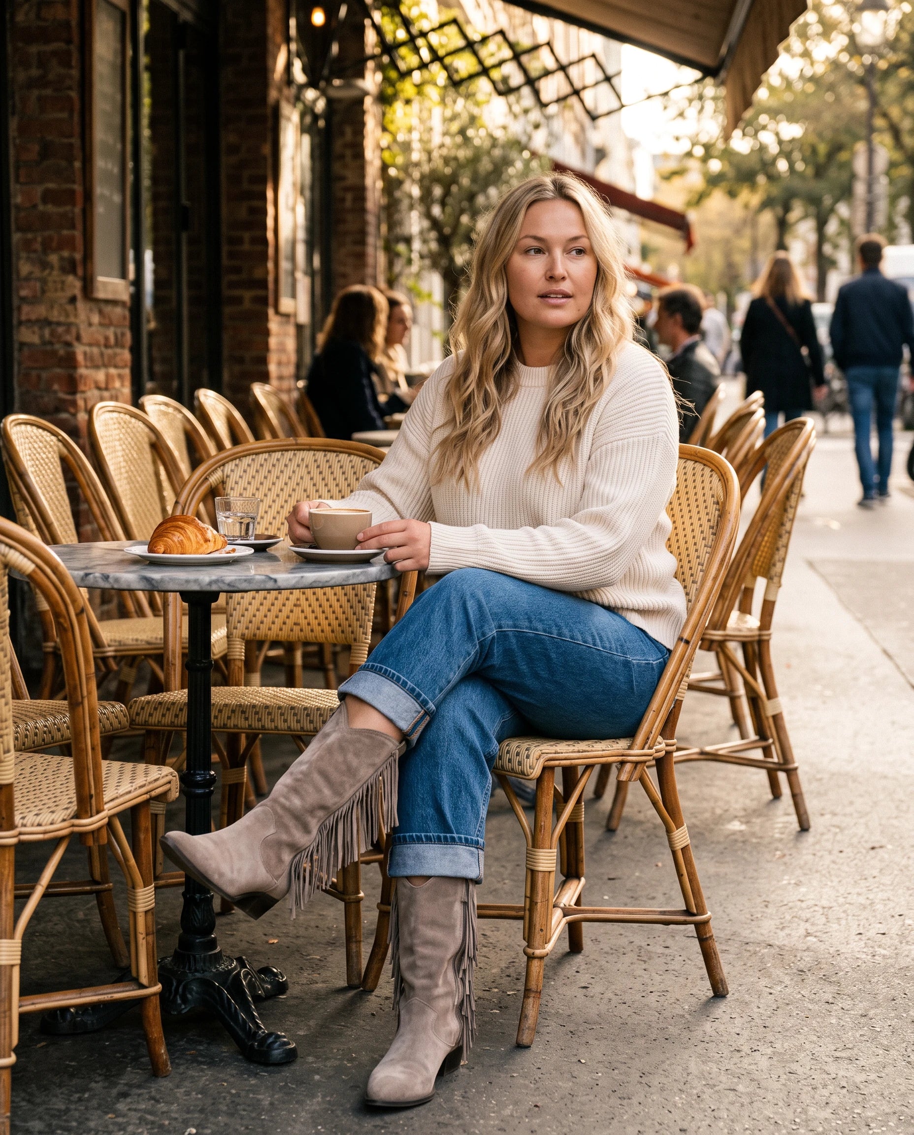 Bottes mi-mollet à franges et bout pointu Pascaline — Grège, portées à une terrasse de café aux chaises en rotin