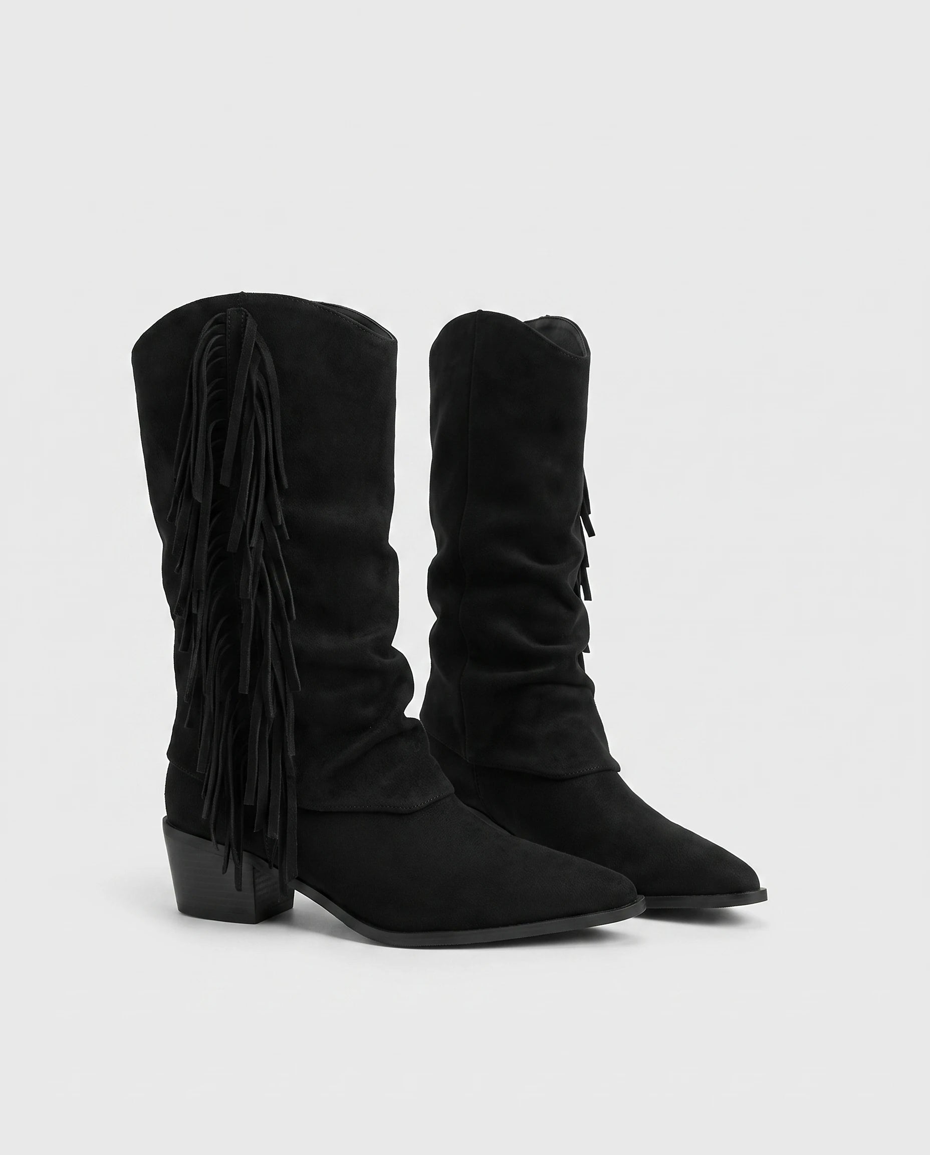 Bottes mi-mollet à franges et bout pointu Pascaline — Noir, paire vue de profil studio