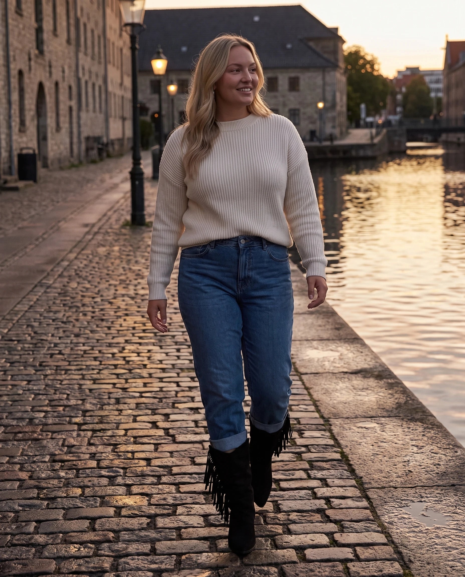 Bottes mi-mollet à franges et bout pointu Pascaline — Noir, portées sur un quai de canal pavé