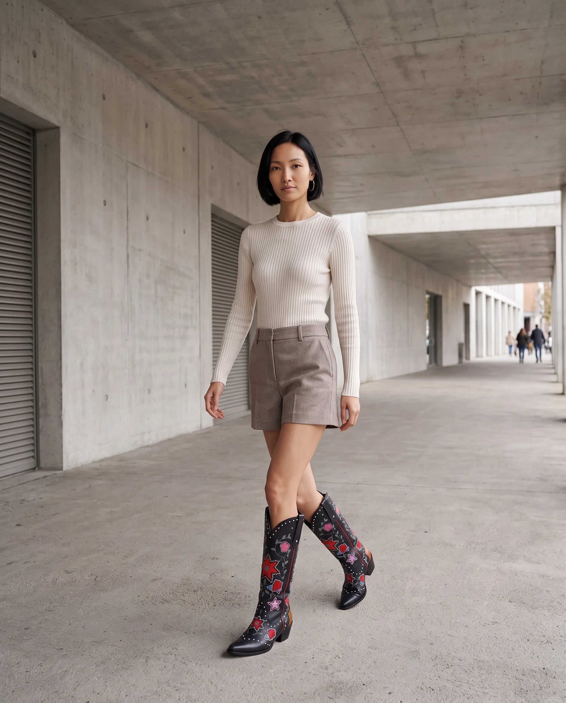 Bottes hautes western brodées à clous en simili Sabeline Noir — portées en situation