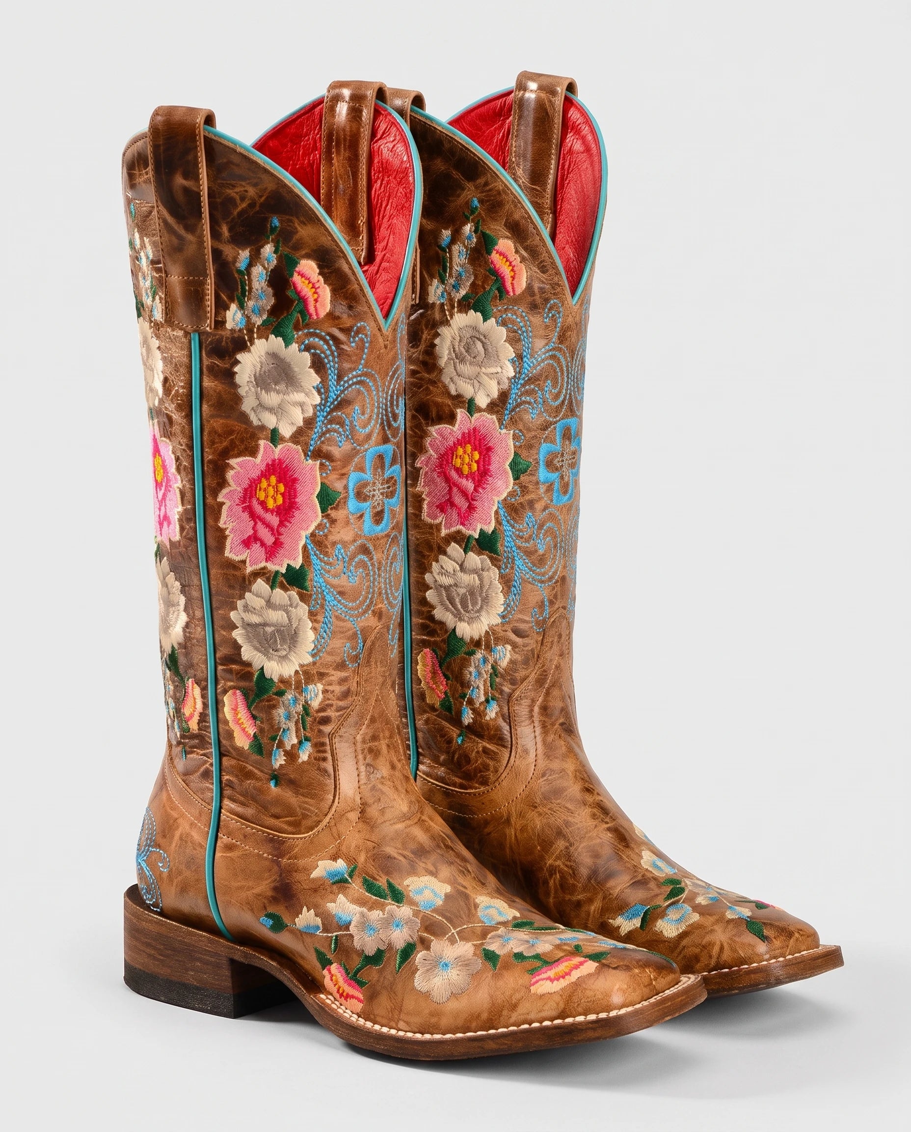 Bottes hautes western brodées en simili Mariette Caramel Vieilli — packshot studio