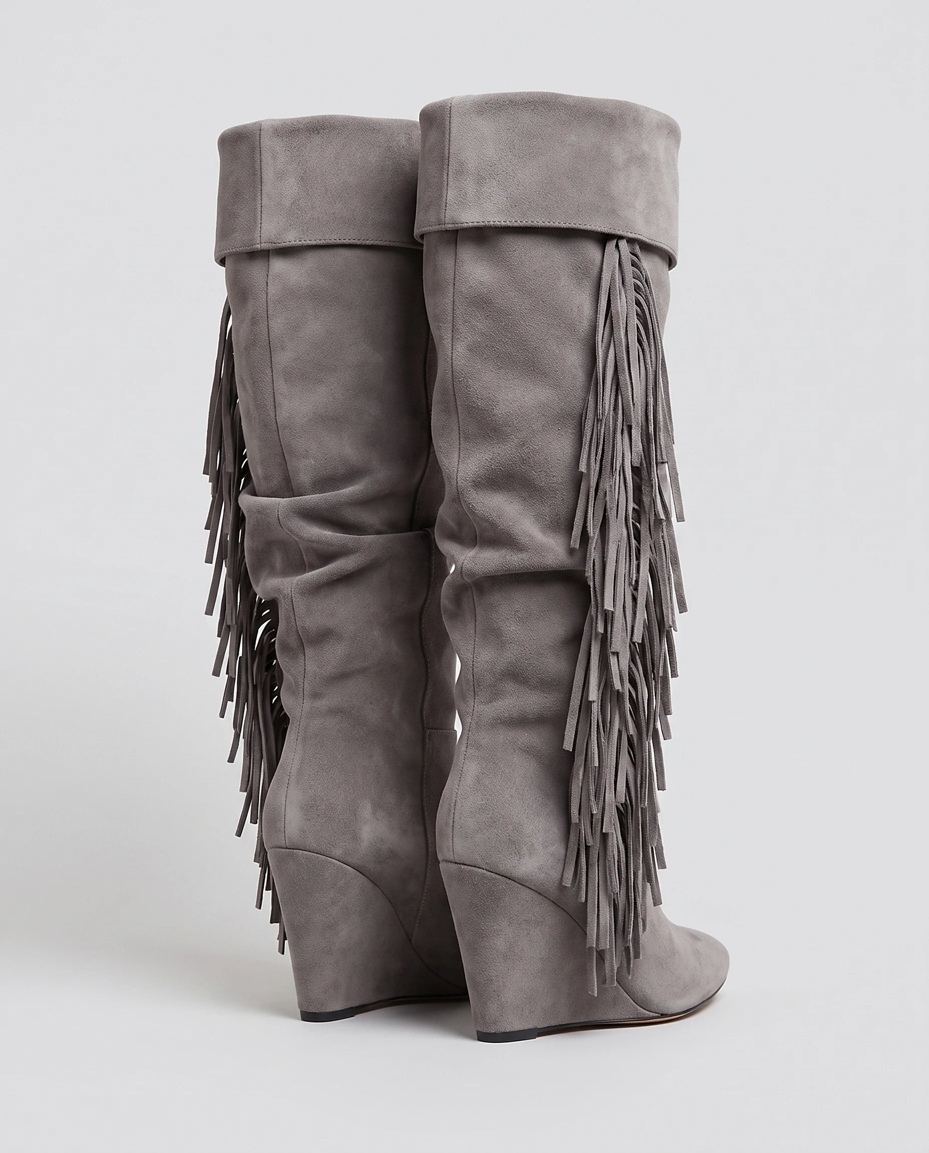 Bottes hautes à franges à talon compensé Alexandrine — Gris, paire vue de trois quarts arrière studio