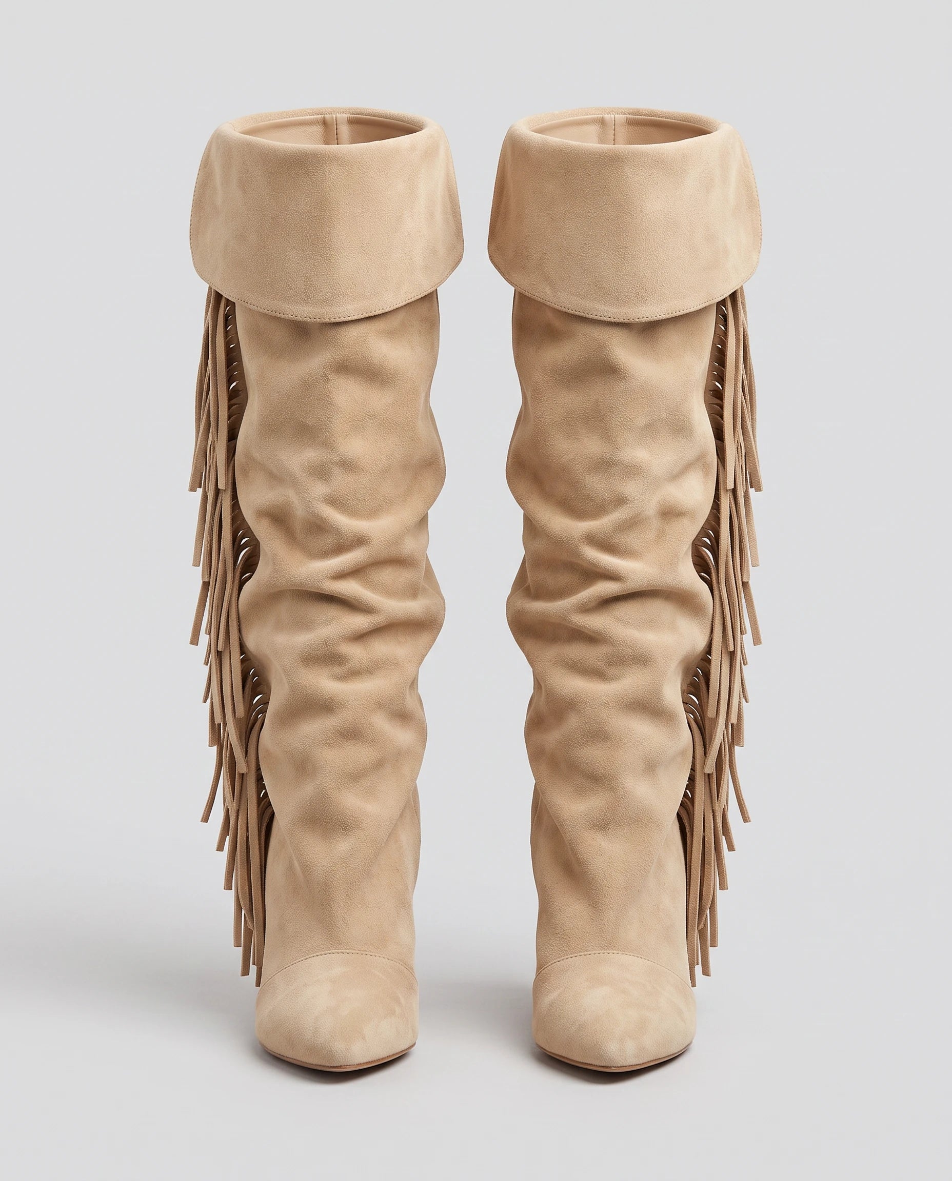 Bottes hautes à franges à talon compensé Alexandrine — Sable, paire vue de face studio
