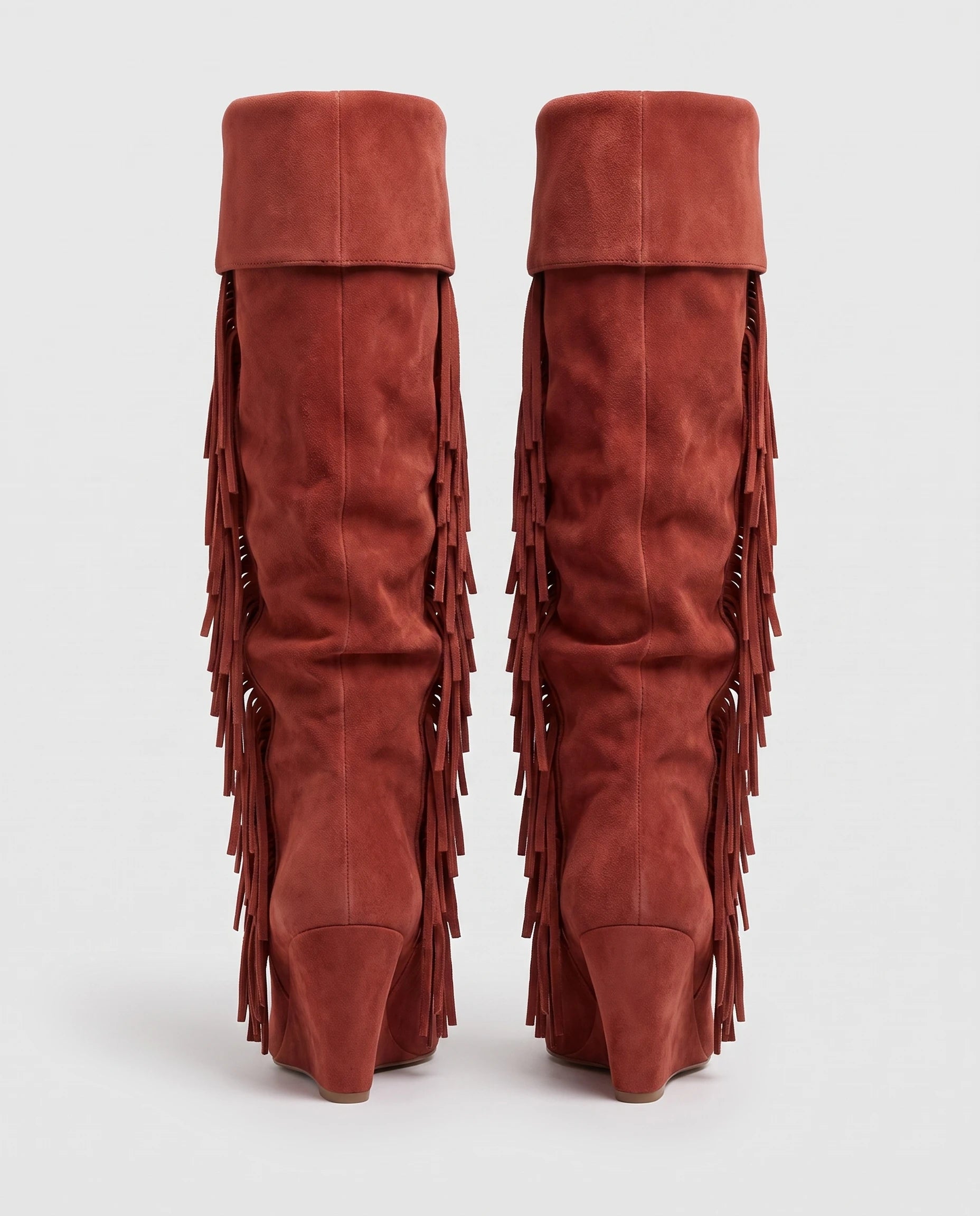Bottes hautes à franges à talon compensé Alexandrine — Terracotta, paire vue de dos
