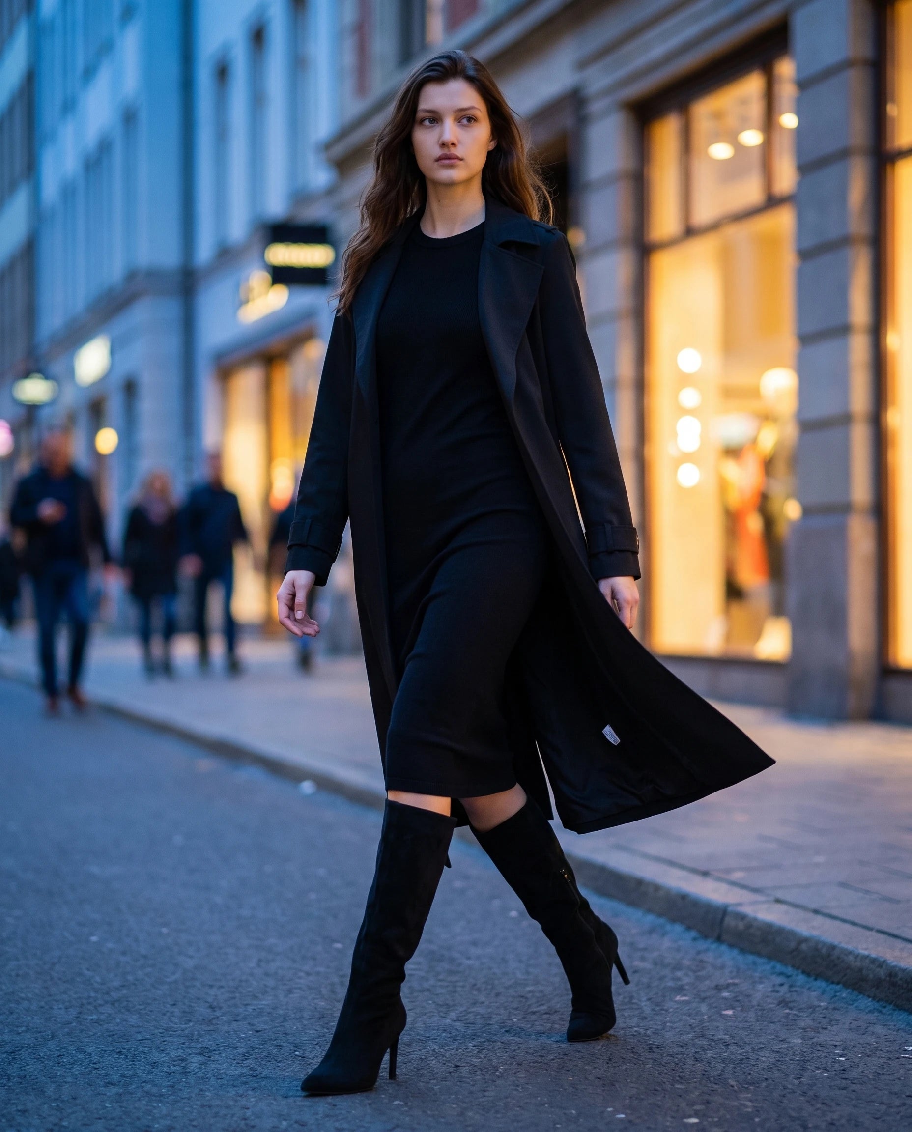 Bottes hautes en suédine à talon fin Raphaëlle — Noir, portées en situation urbaine