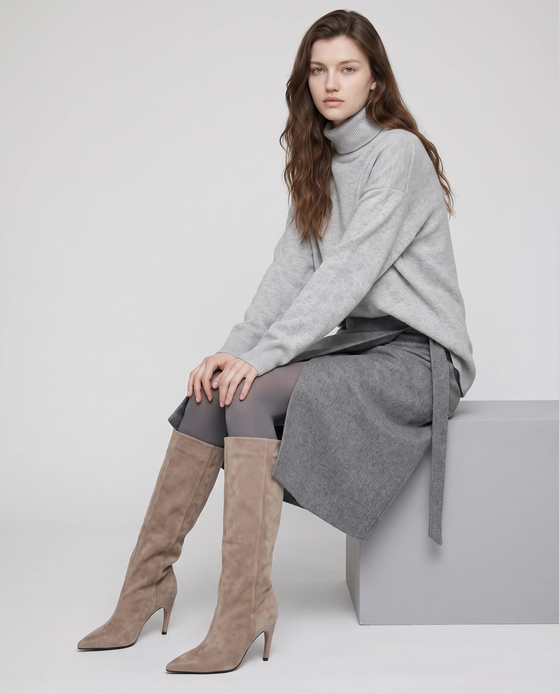 Bottes hautes en suédine à talon fin Raphaëlle — Taupe, portées en plein pied studio