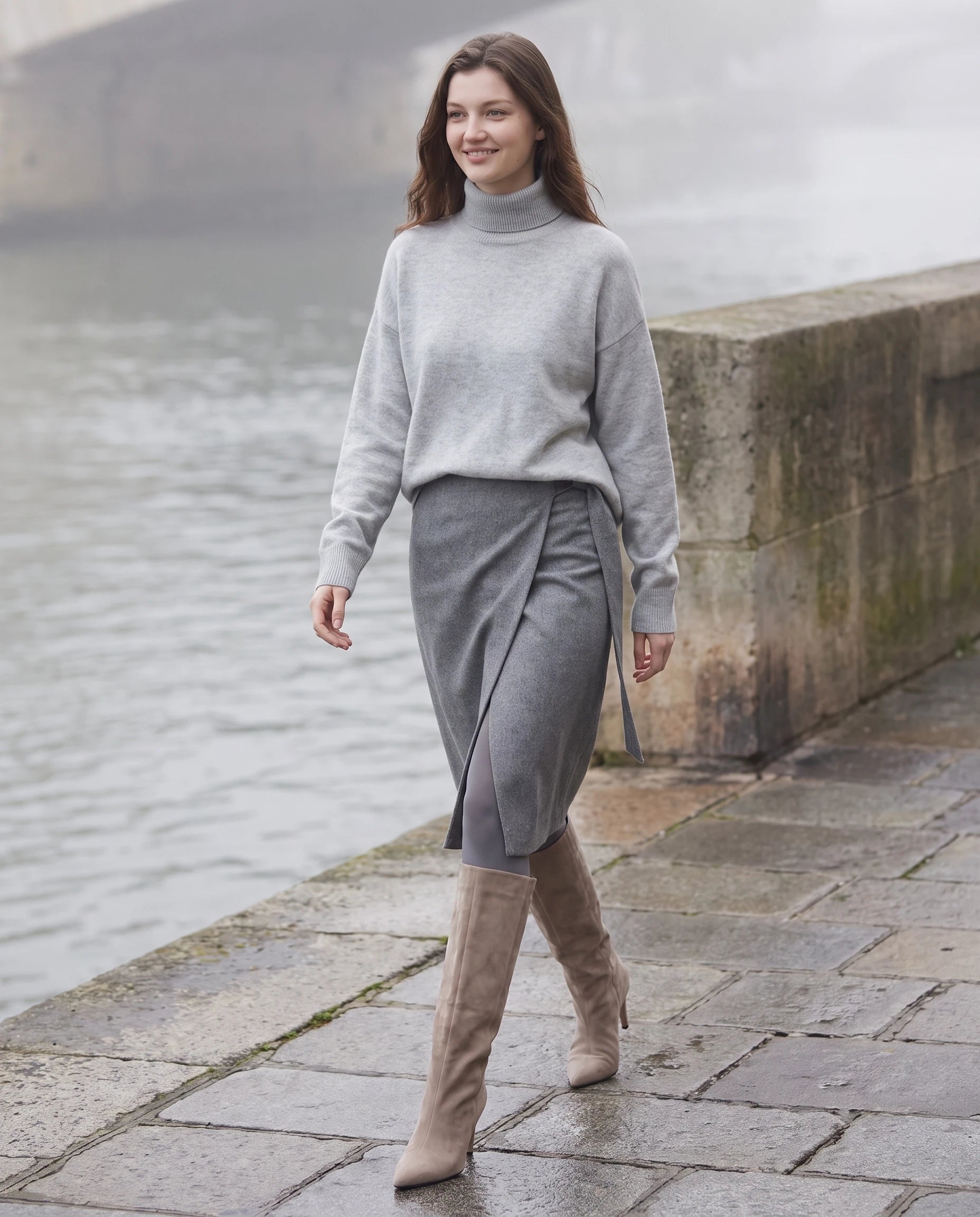 Bottes hautes en suédine à talon fin Raphaëlle — Taupe, portées en situation urbaine