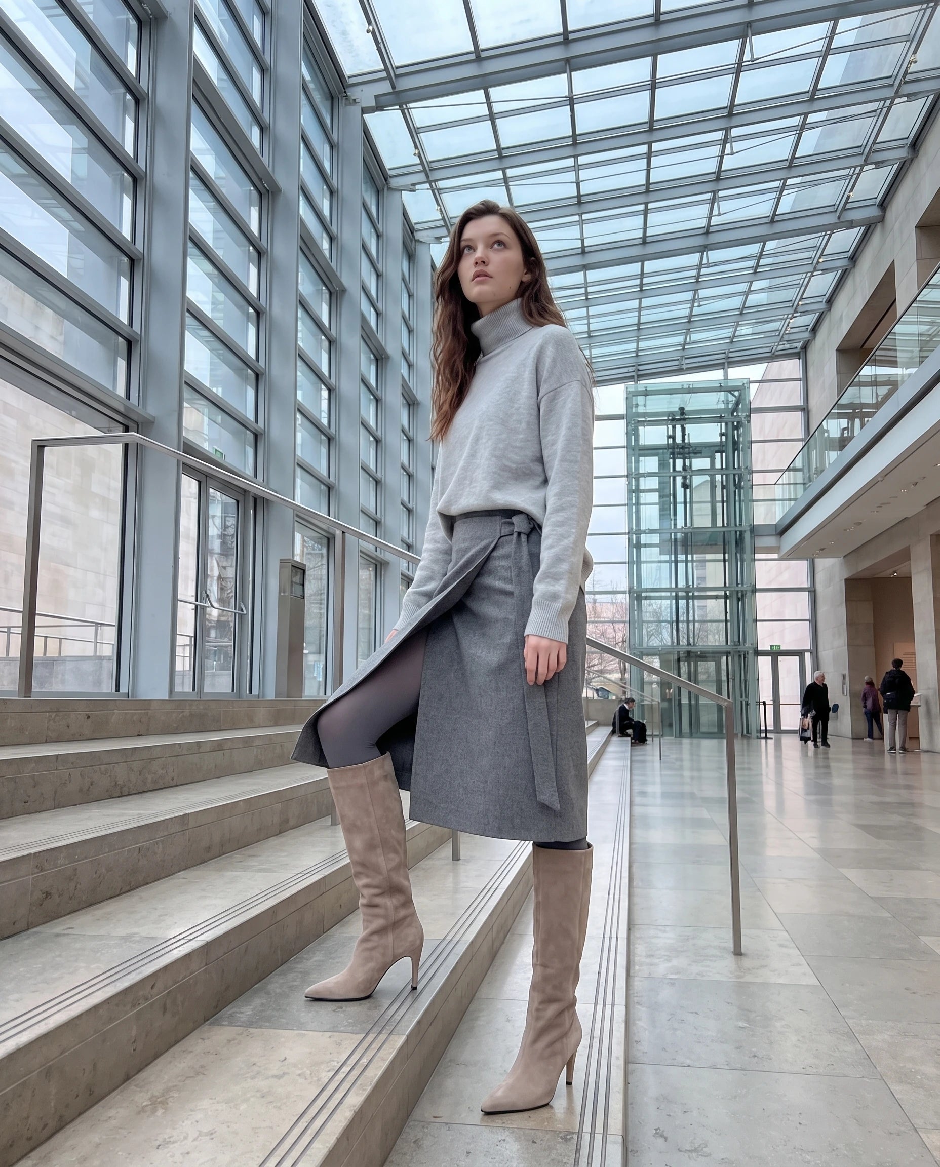 Bottes hautes en suédine à talon fin Raphaëlle — Taupe, portées en extérieur
