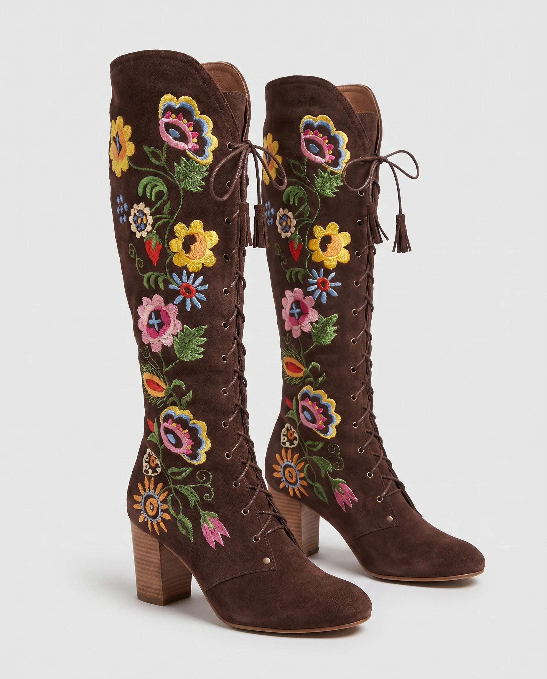 Bottes hautes lacées en suédine brodée Laurentine Brun Cacao — packshot studio