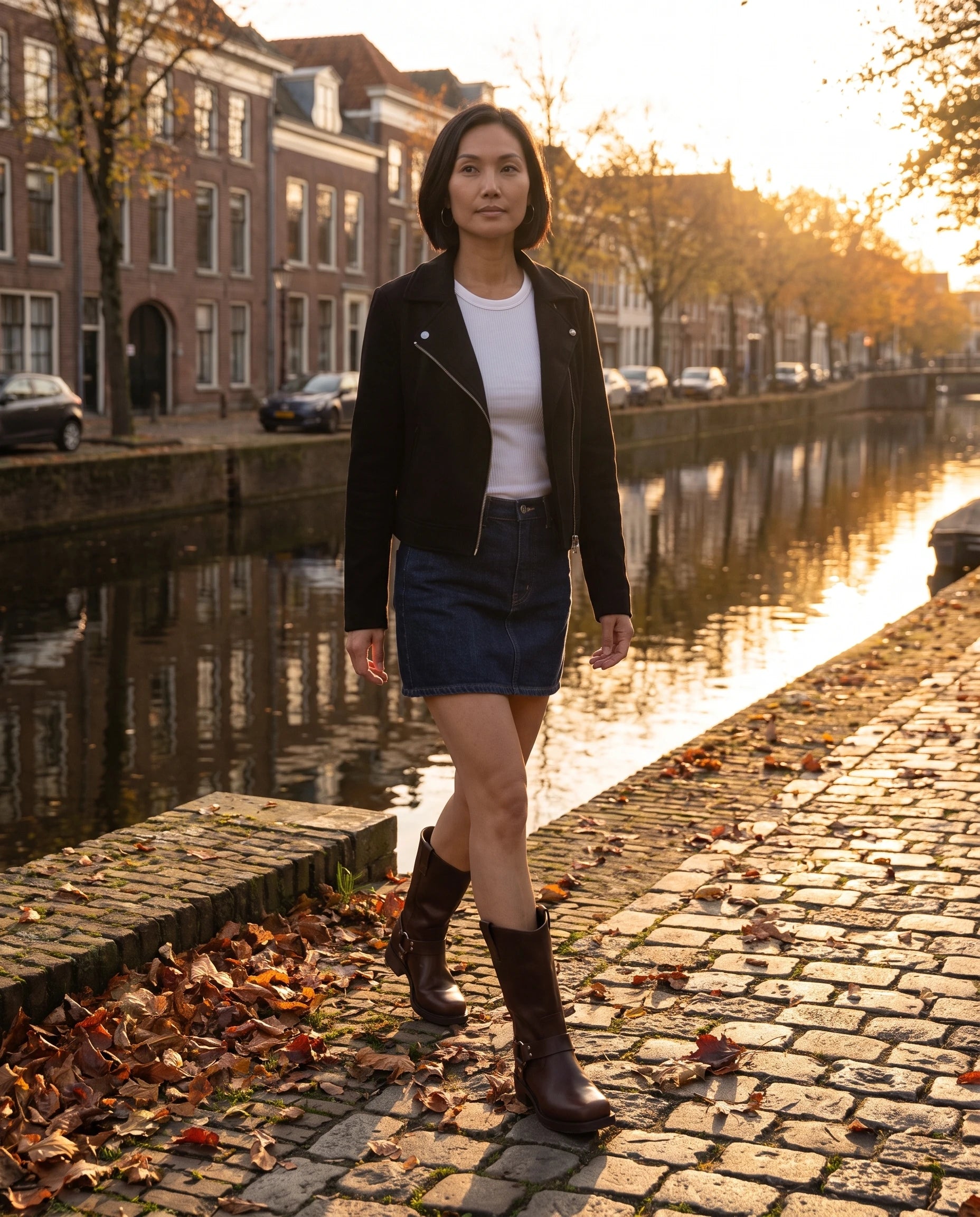 Bottes motardes mi-mollet effet cuir Irmine — Chocolat, portées sur un quai de canal en automne