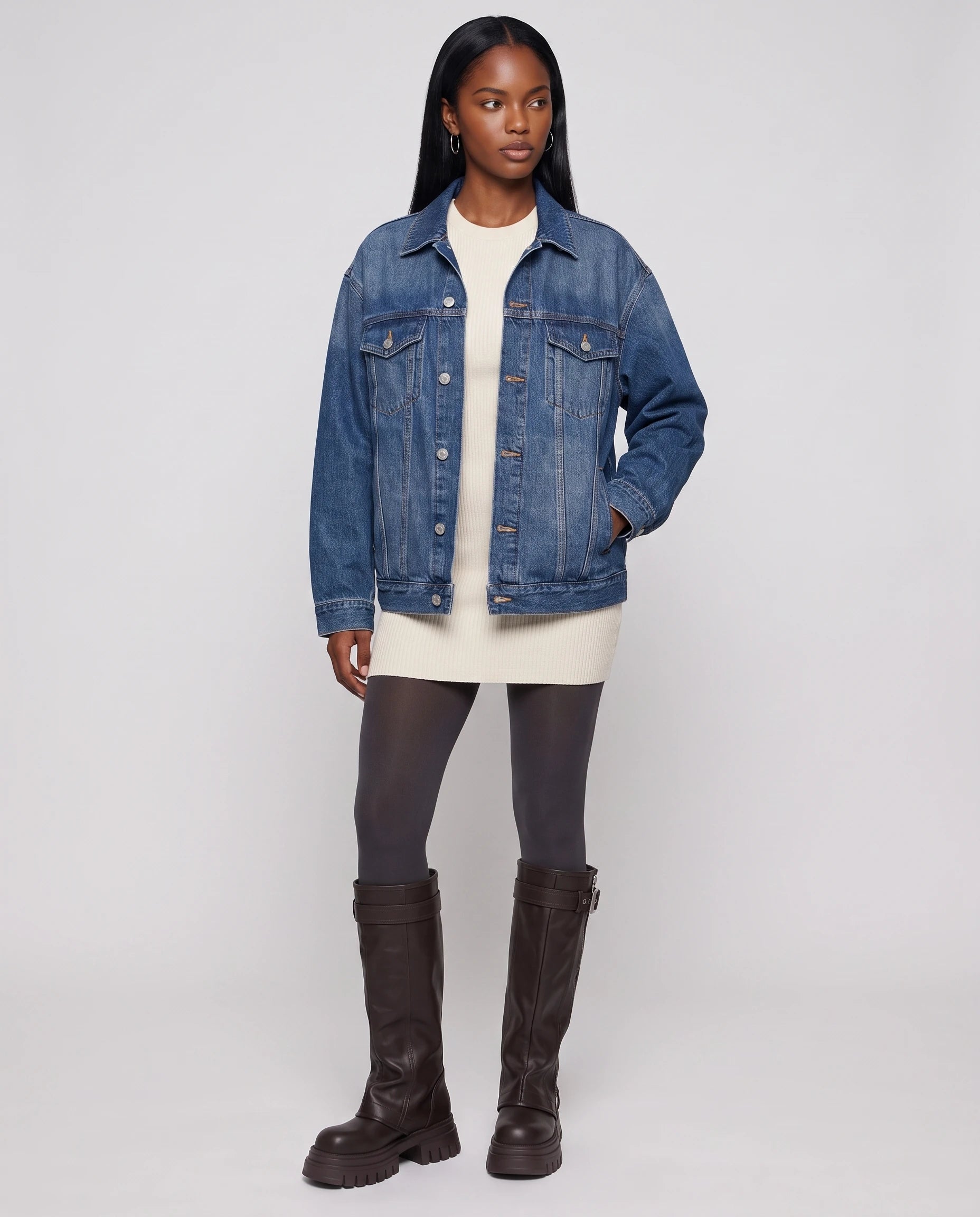 Bottes motardes hautes à zip et boucle Axelle — Chocolat Foncé, portées en plein pied studio avec une veste en jean oversize