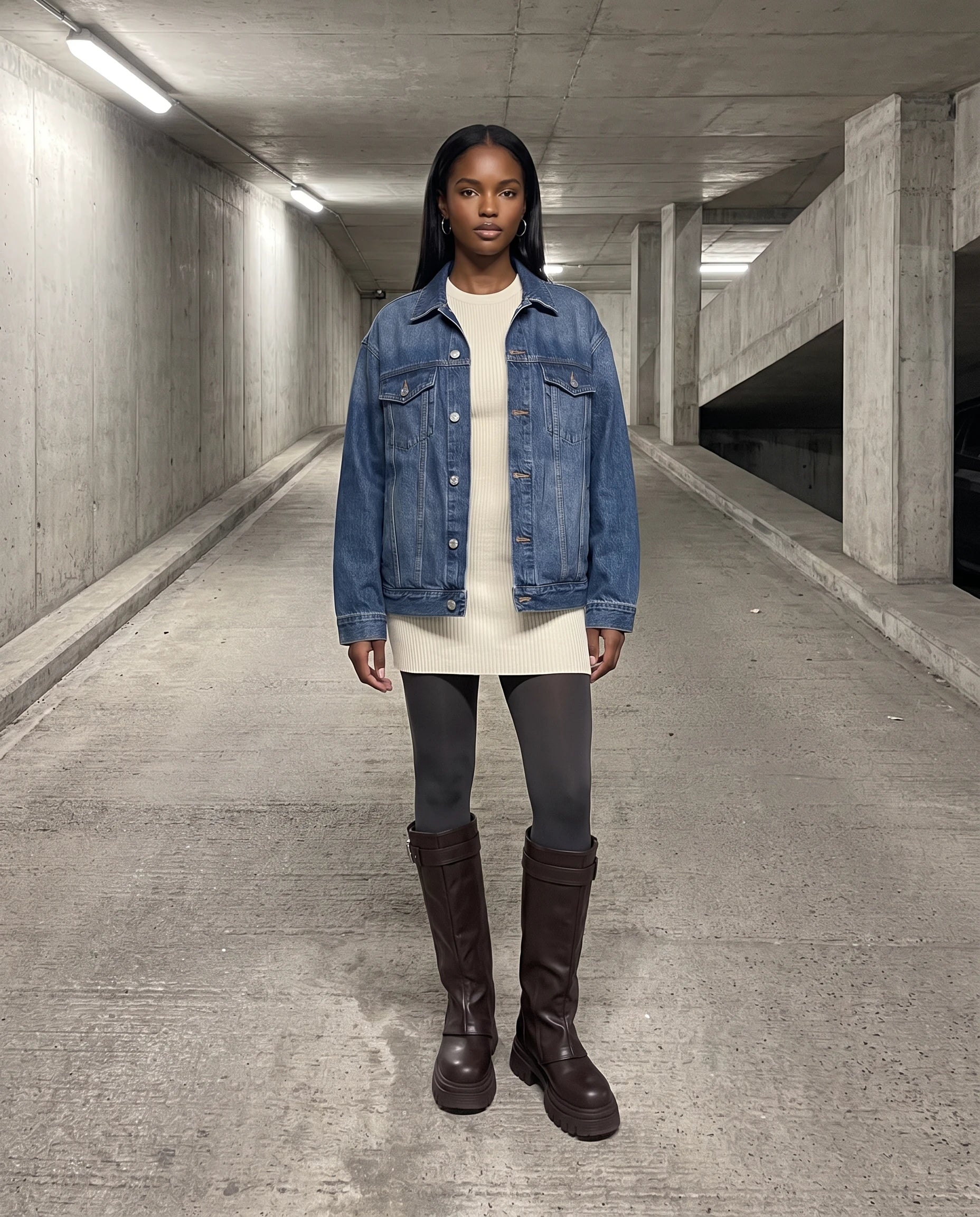 Bottes motardes hautes à zip et boucle Axelle — Chocolat Foncé, portées sur une rampe de parking souterrain