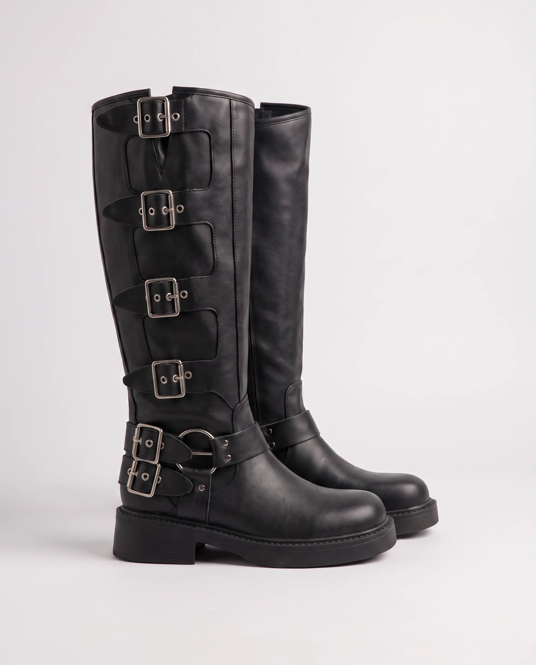 Bottes motardes hautes à boucles effet cuir Sigrid — Noir, packshot vue complémentaire