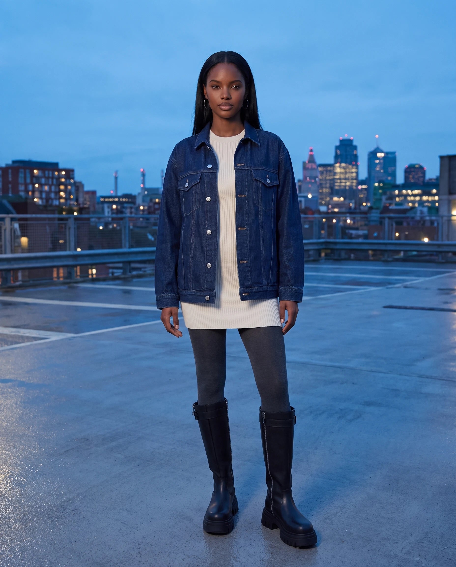 Bottes motardes hautes à zip et boucle Axelle — Noir, portées sur un toit-terrasse de parking à l'heure bleue