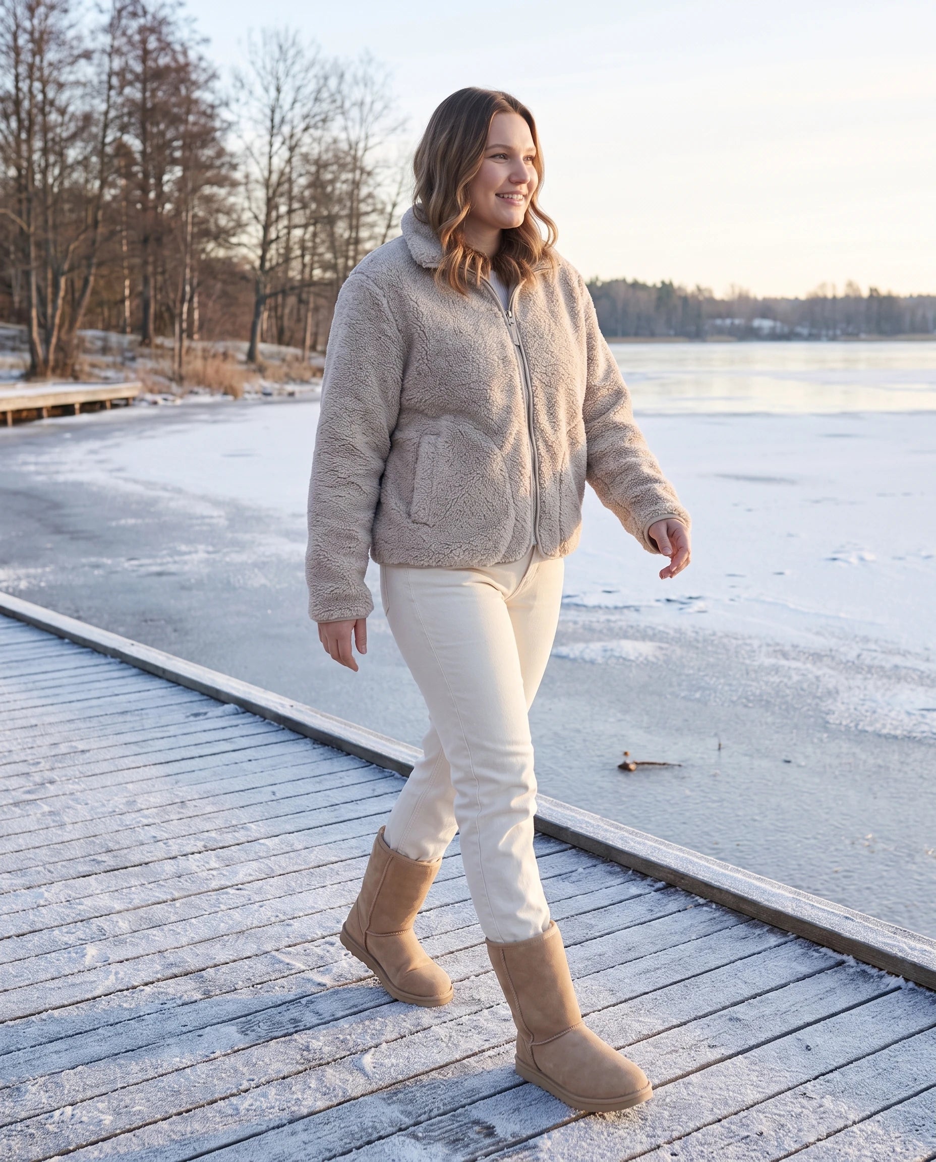 Bottes de neige classiques en suédine Gersande — Beige, portées en situation hivernale