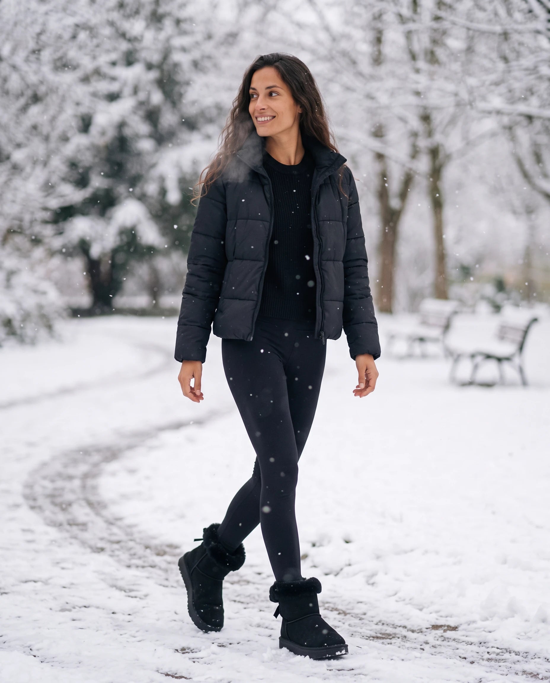 Bottes de neige à nœud et col fourrure Opaline — Noir, portées en situation urbaine