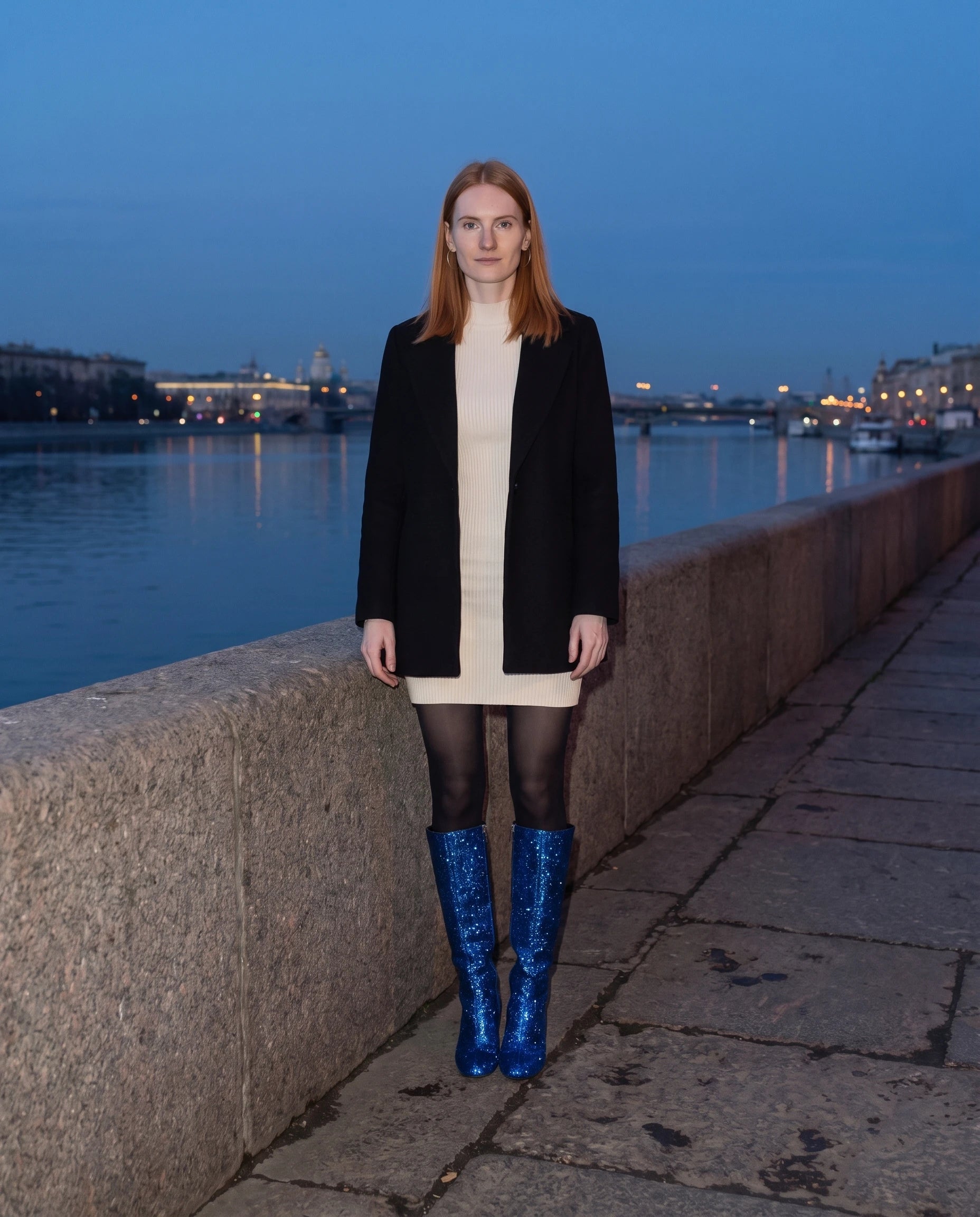 Bottes hautes à paillettes à talon large Éliette — Bleu Royal, portées sur un quai au bord de l'eau à l'heure bleue