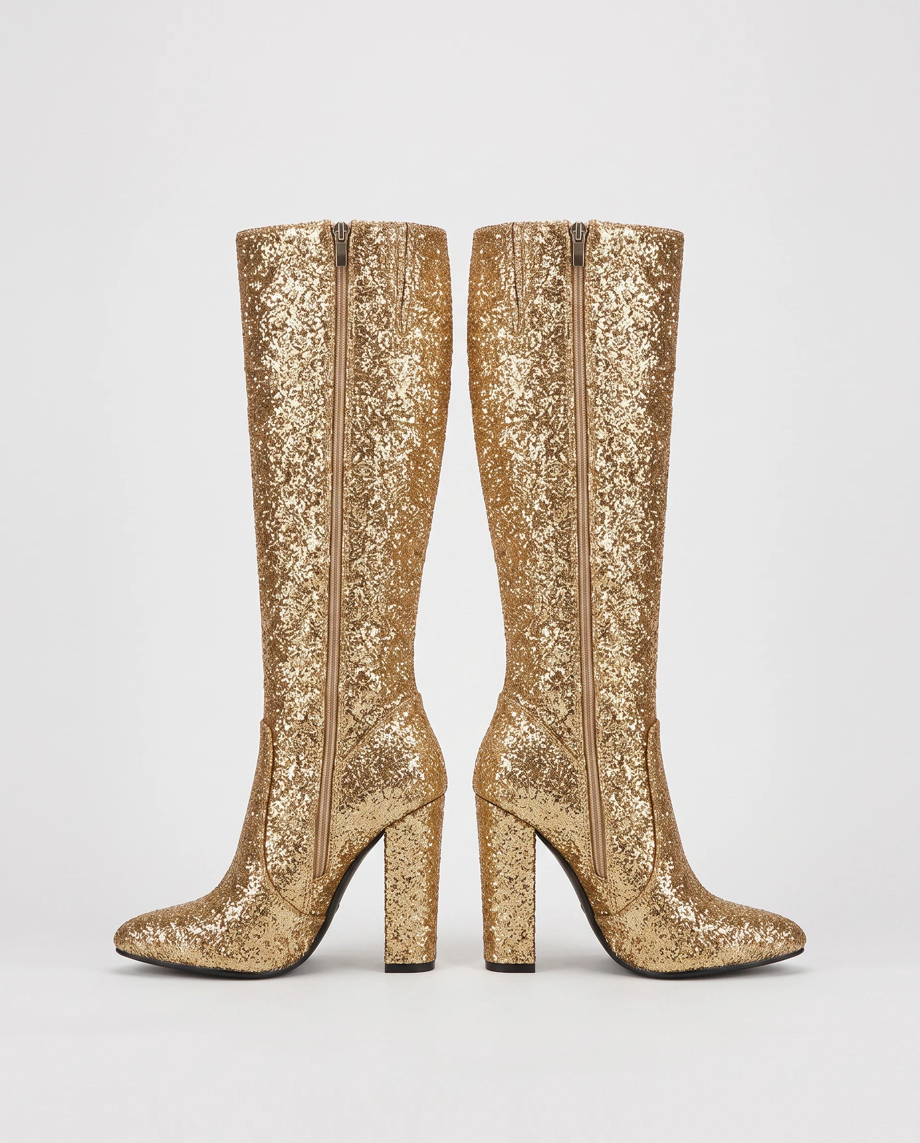 Bottes hautes à paillettes à talon large Éliette — Doré, paire vue de profil en studio