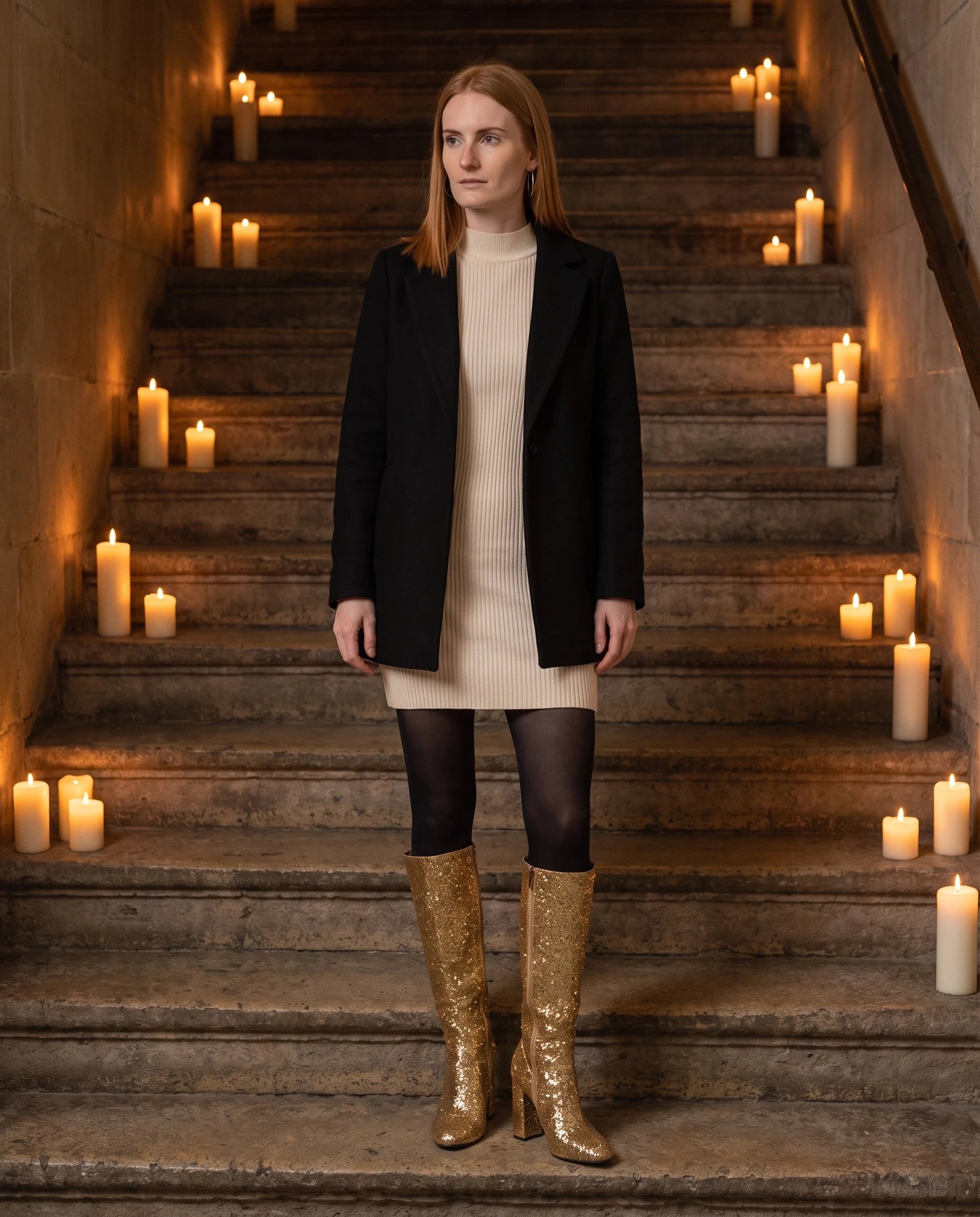 Bottes hautes à paillettes à talon large Éliette — Doré, portées sur un escalier de pierre éclairé aux bougies