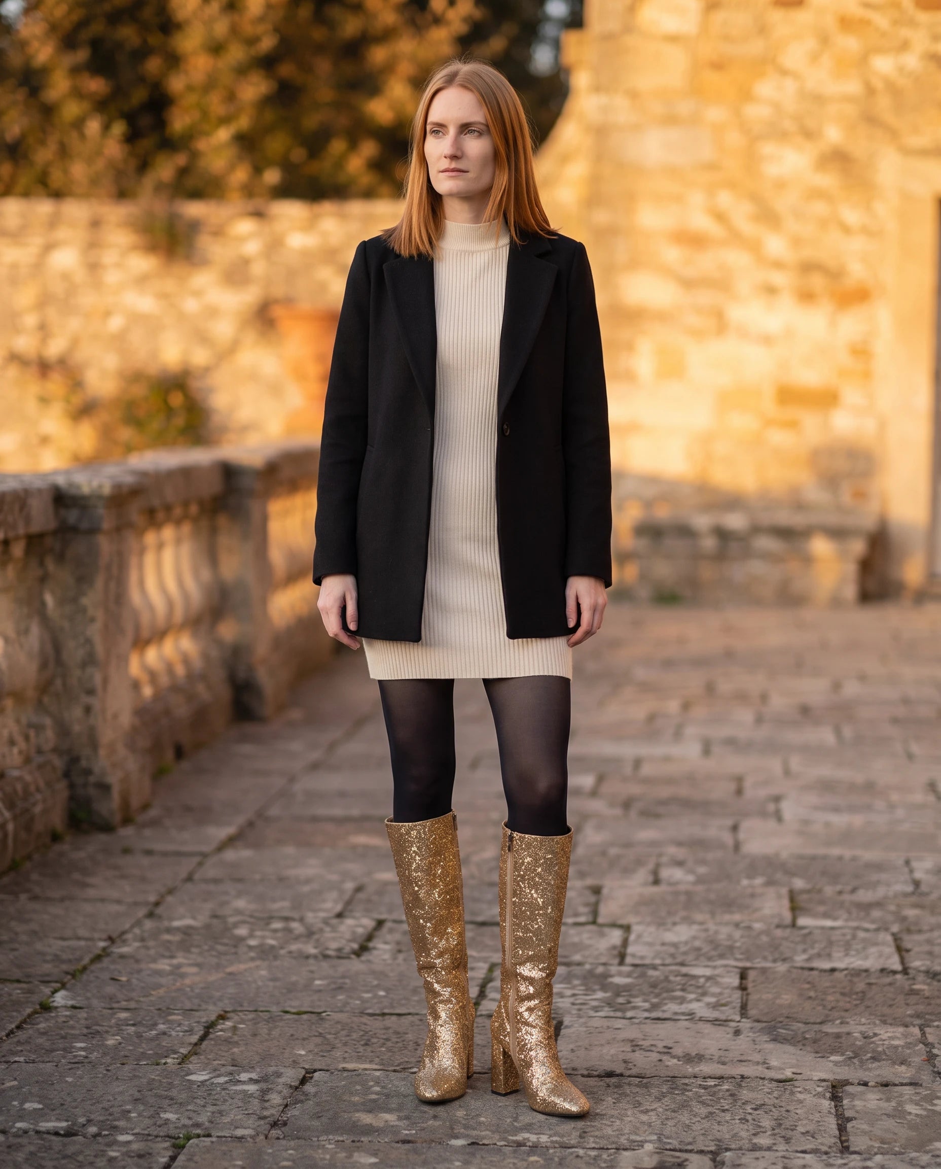 Bottes hautes à paillettes à talon large Éliette — Doré, portées sur une terrasse de pierre au golden hour
