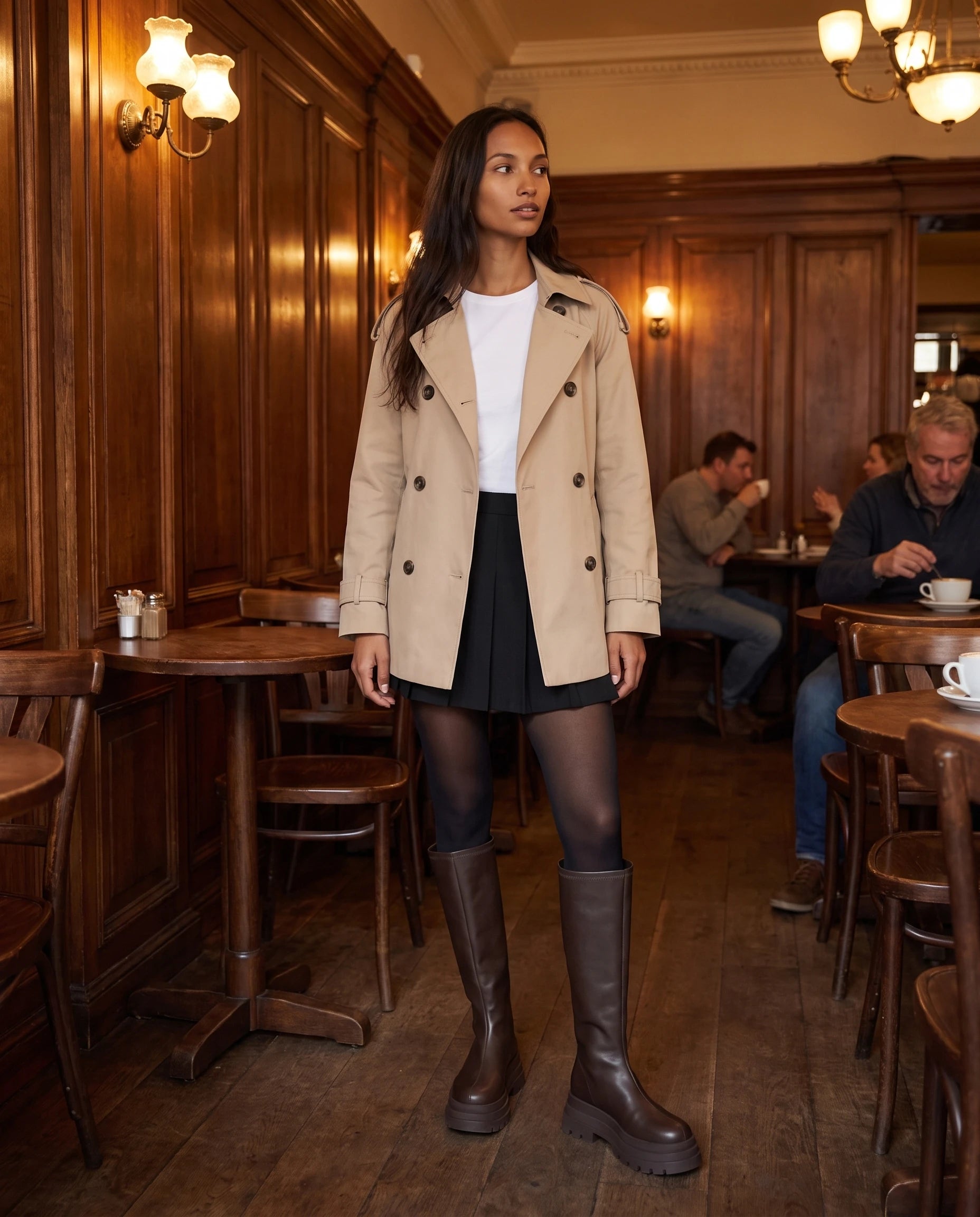 Bottes hautes à plateforme crantée Sigolène — Chocolat Foncé, portées dans un café aux boiseries chaleureuses
