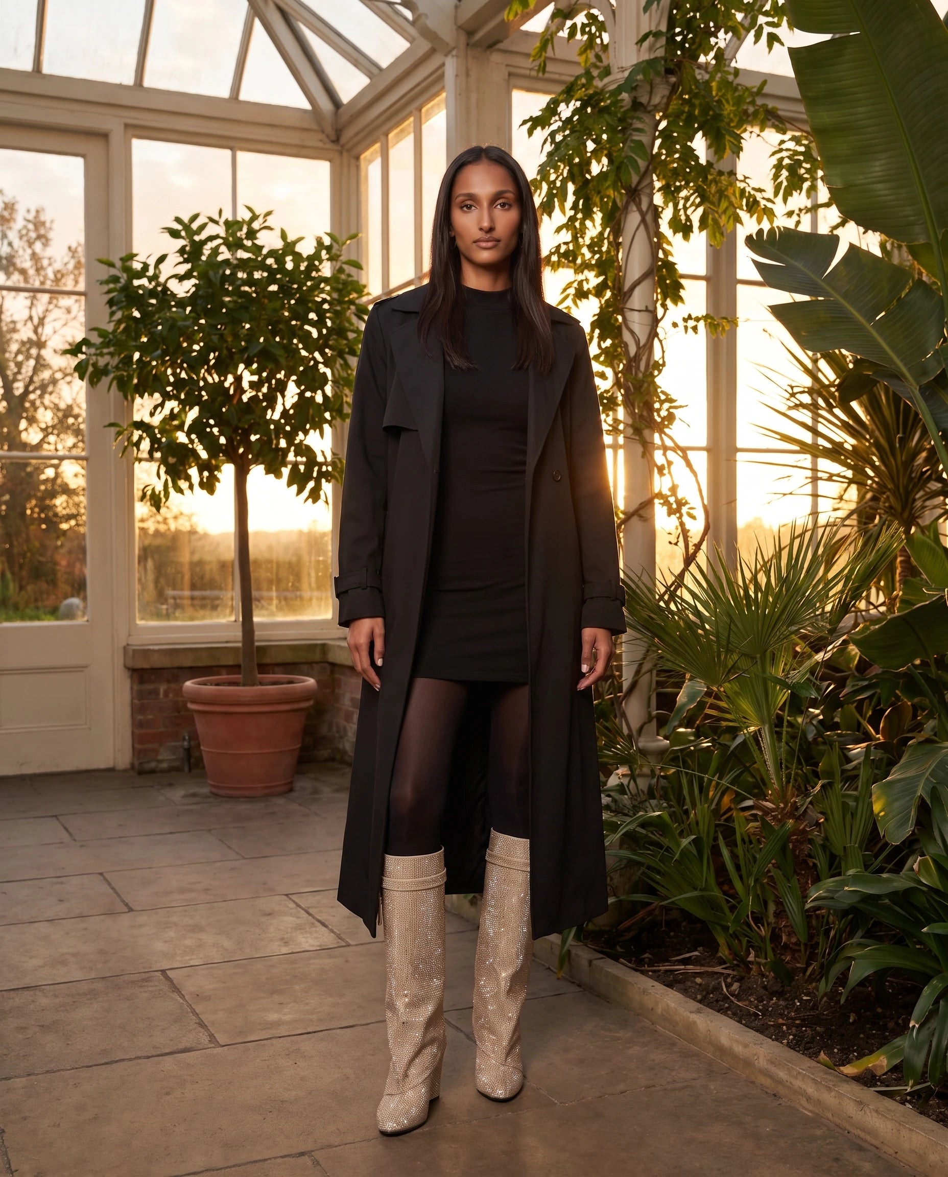 Bottes hautes à rabat et cadenas à strass Aymeline — Beige Champagne, portées dans une orangerie vitrée au coucher du soleil