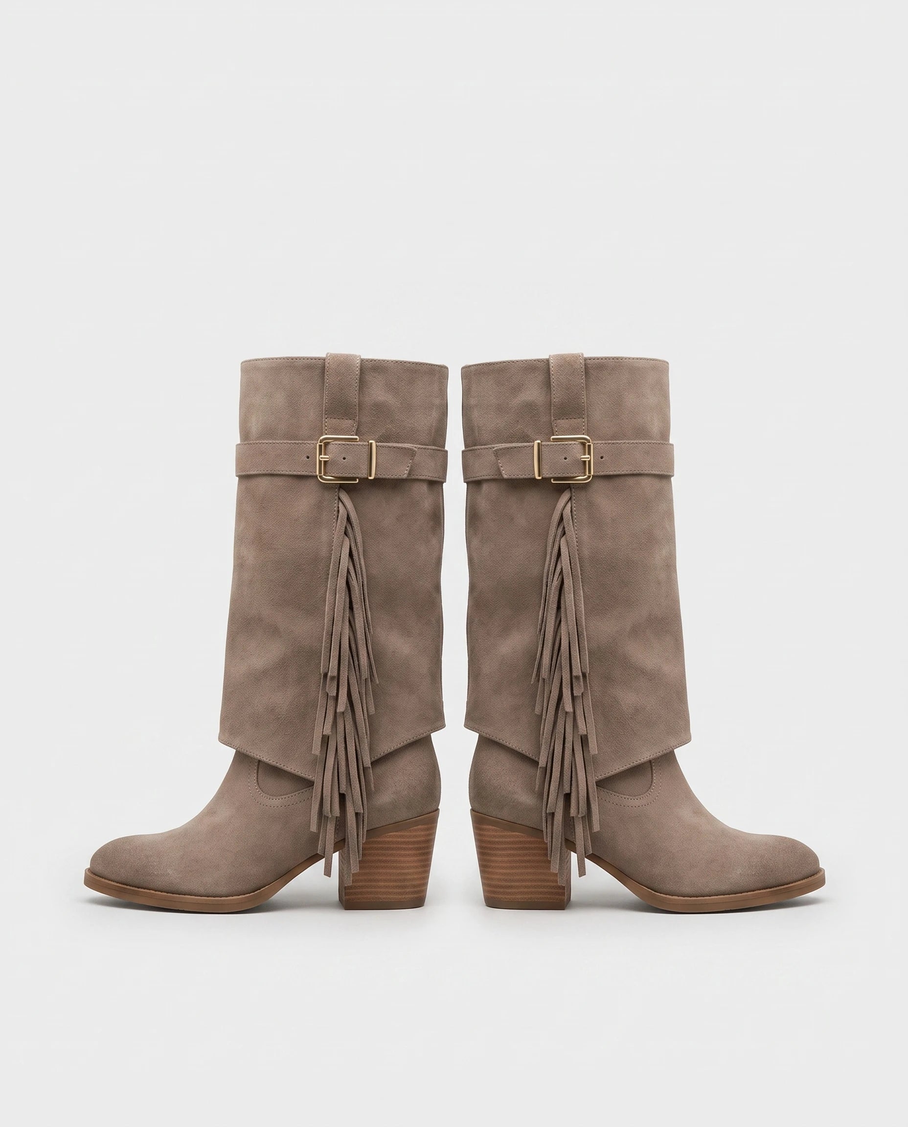 Bottes mi-mollet à revers et franges Coraline — Taupe, paire vue de profil studio