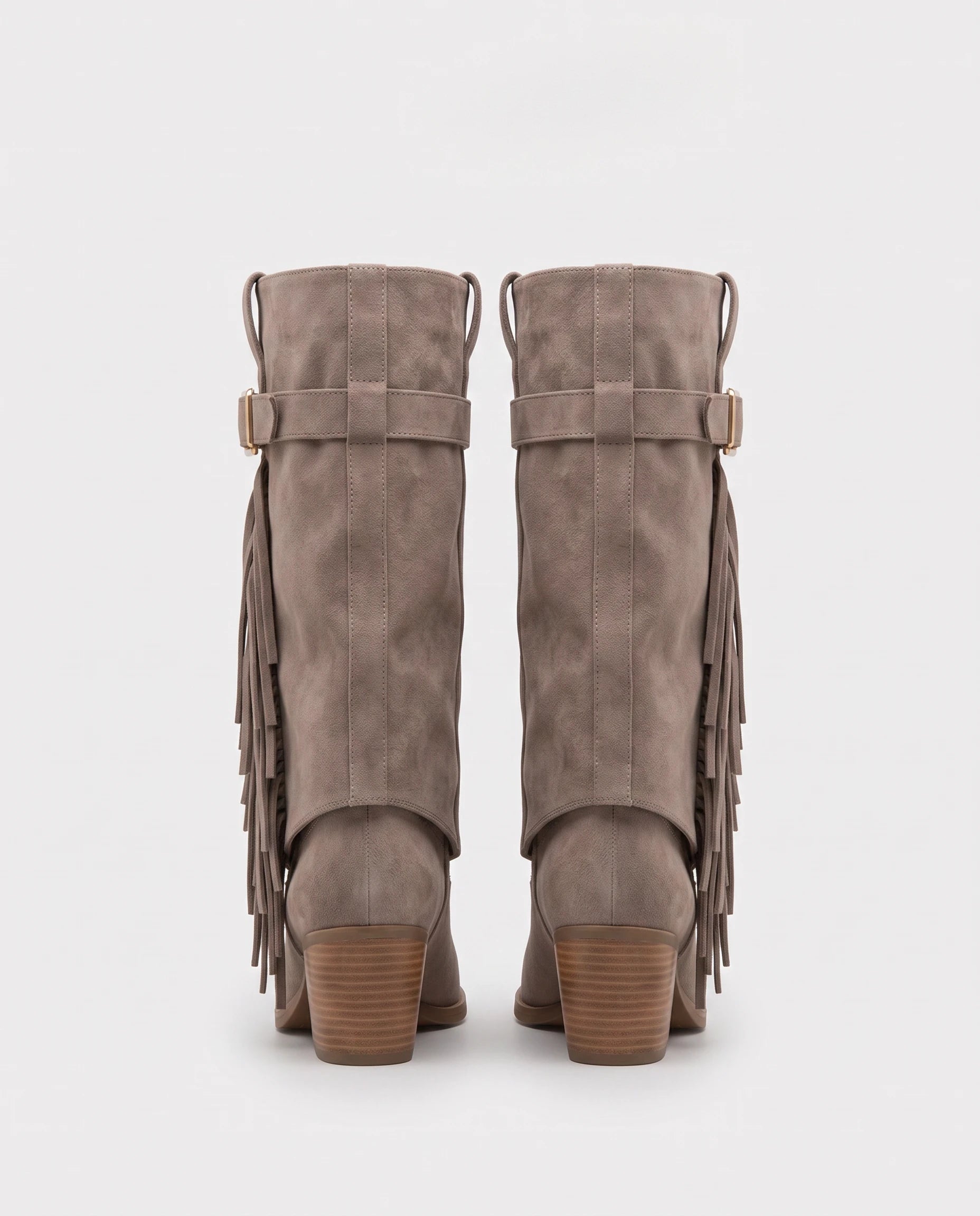 Bottes mi-mollet à revers et franges Coraline — Taupe, paire vue de dos