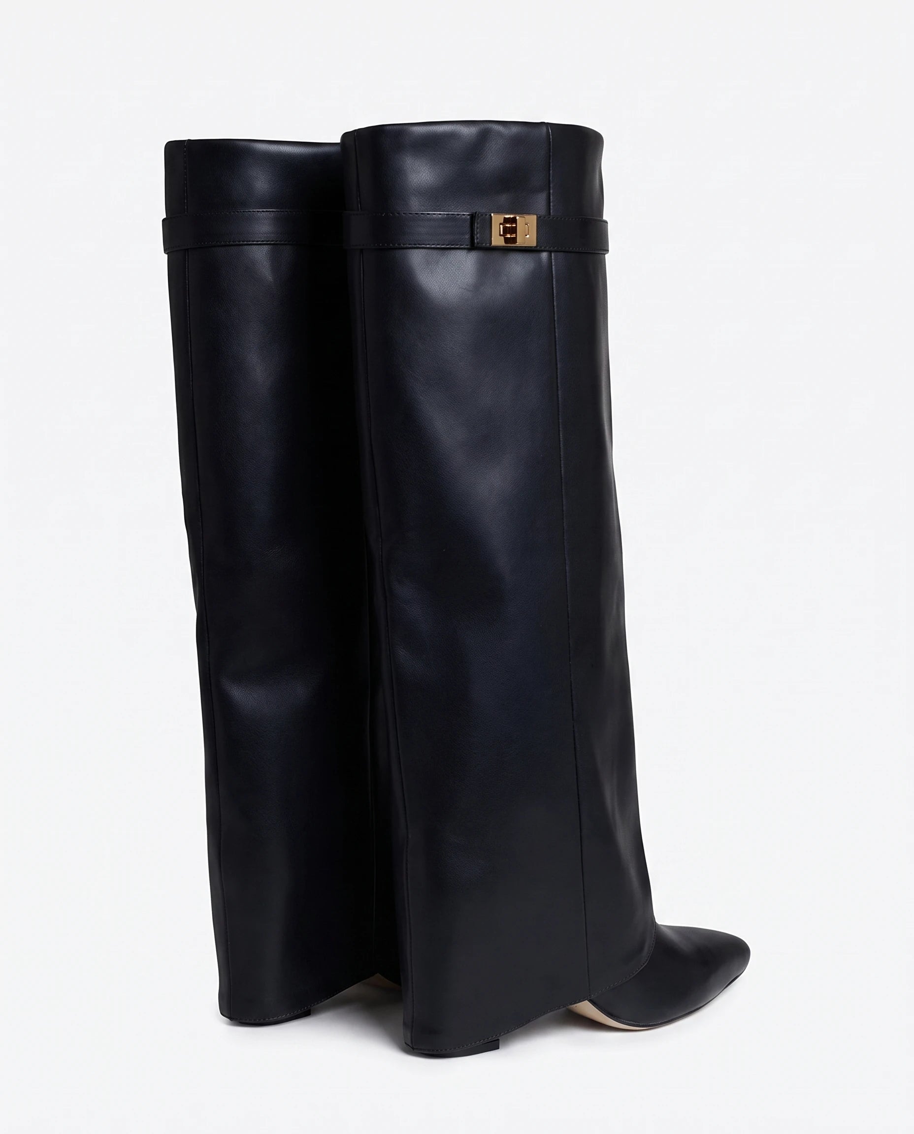 Bottes hautes à revers effet cuir Zénaïde — Noir, paire vue de dos avec talon compensé