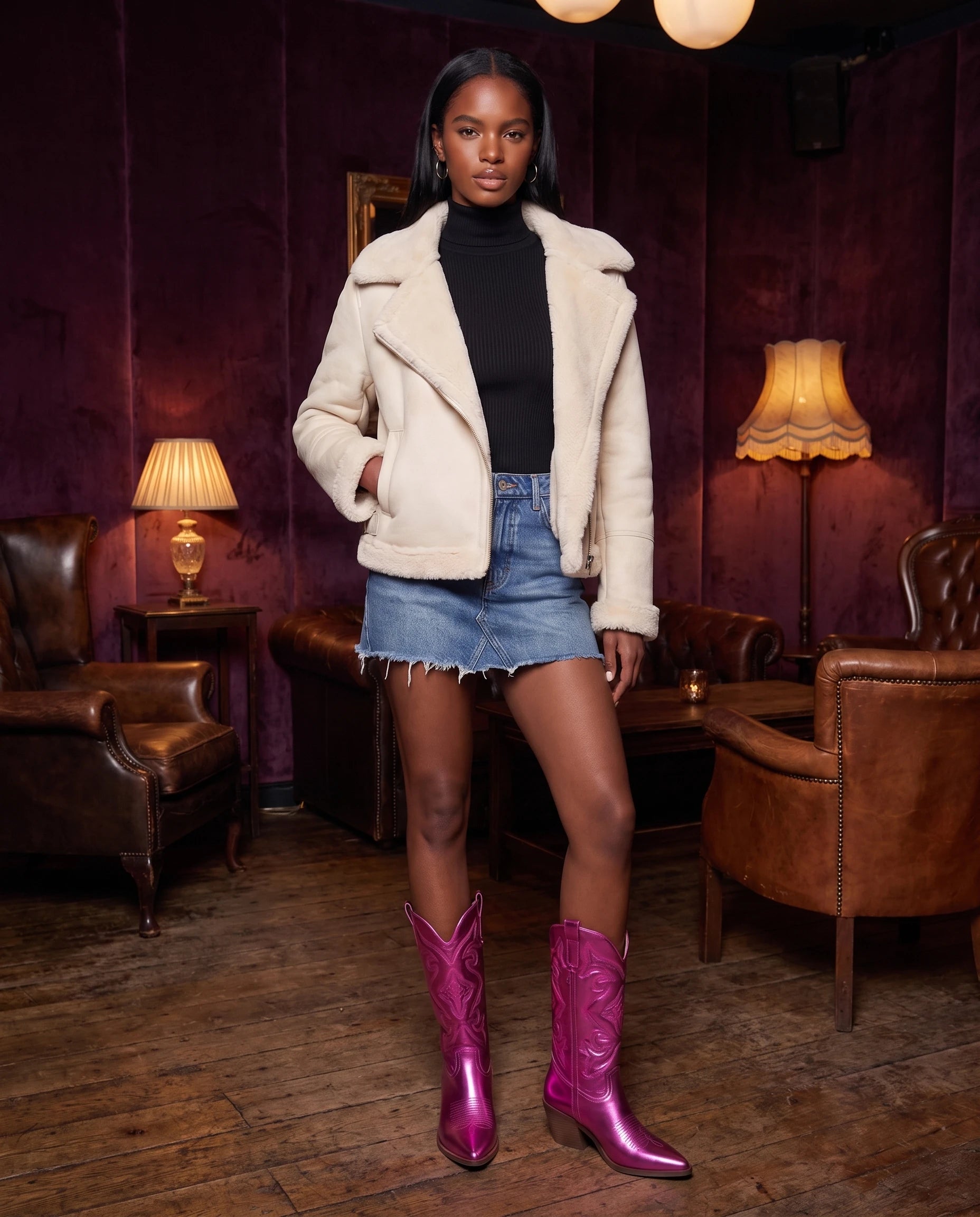 Bottes santiags mi-mollet en simili Artémise Fuchsia — portées en situation