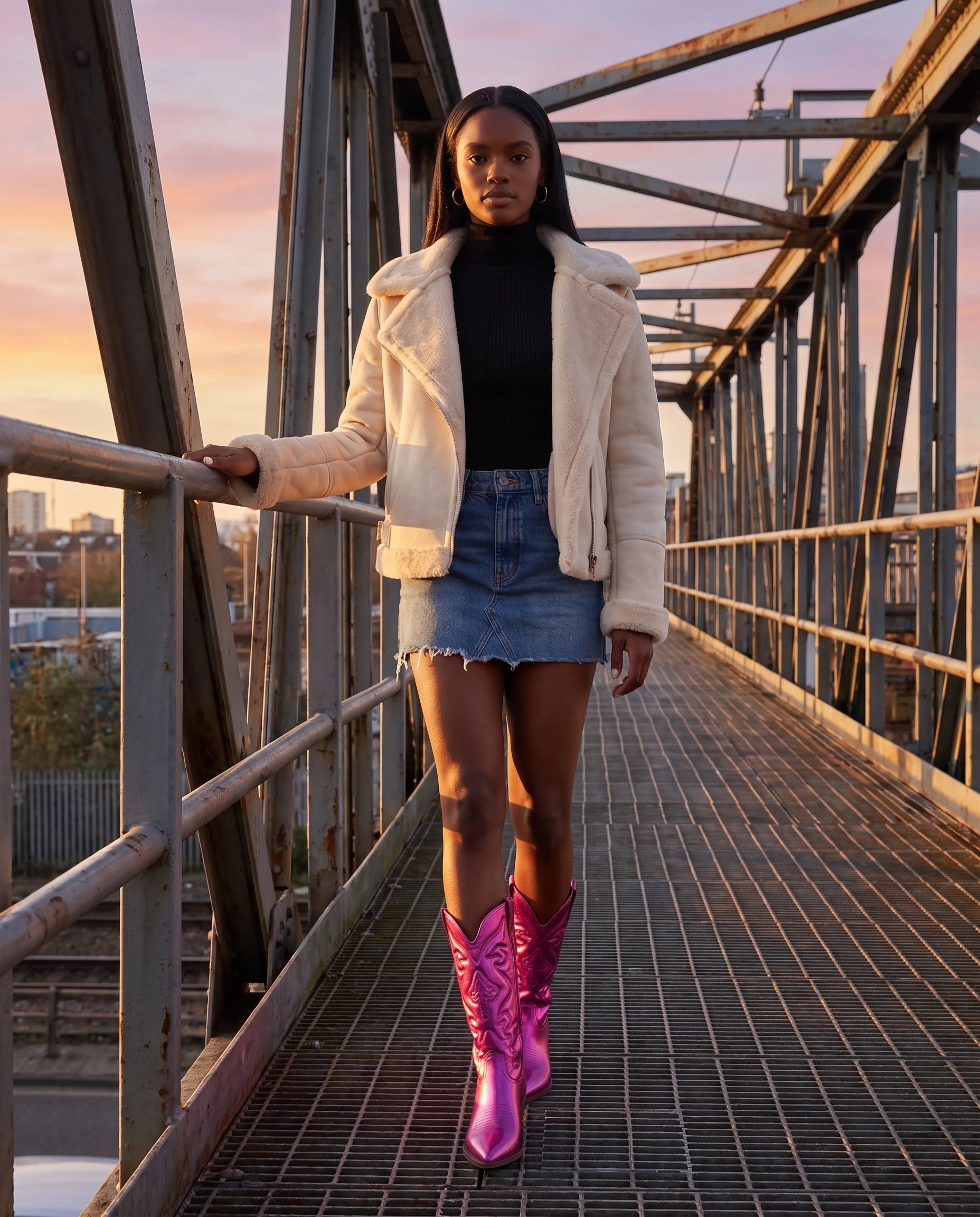 Bottes santiags mi-mollet en simili Artémise Fuchsia — portées en extérieur