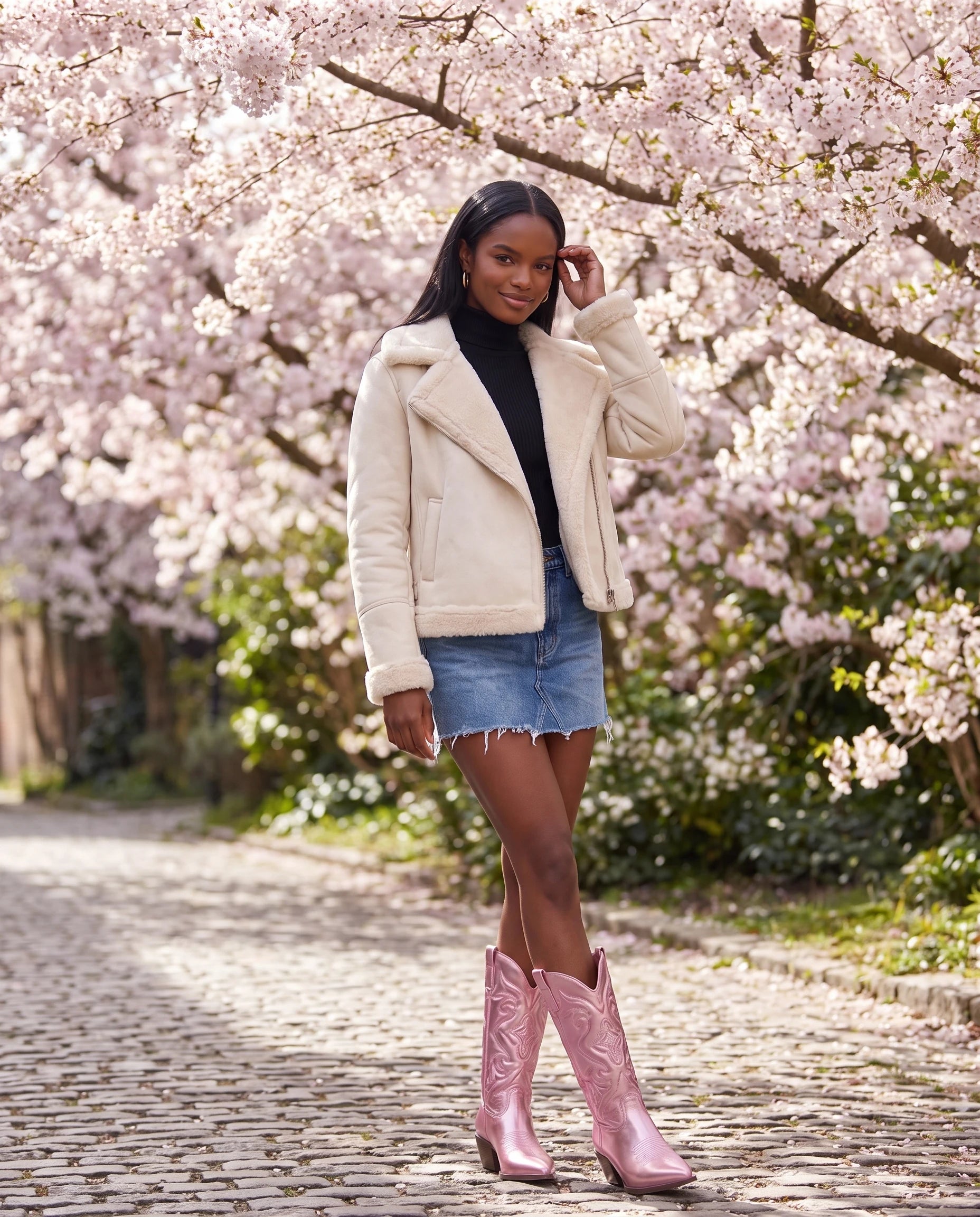 Bottes santiags mi-mollet en simili Artémise Rose Bonbon — portées en situation