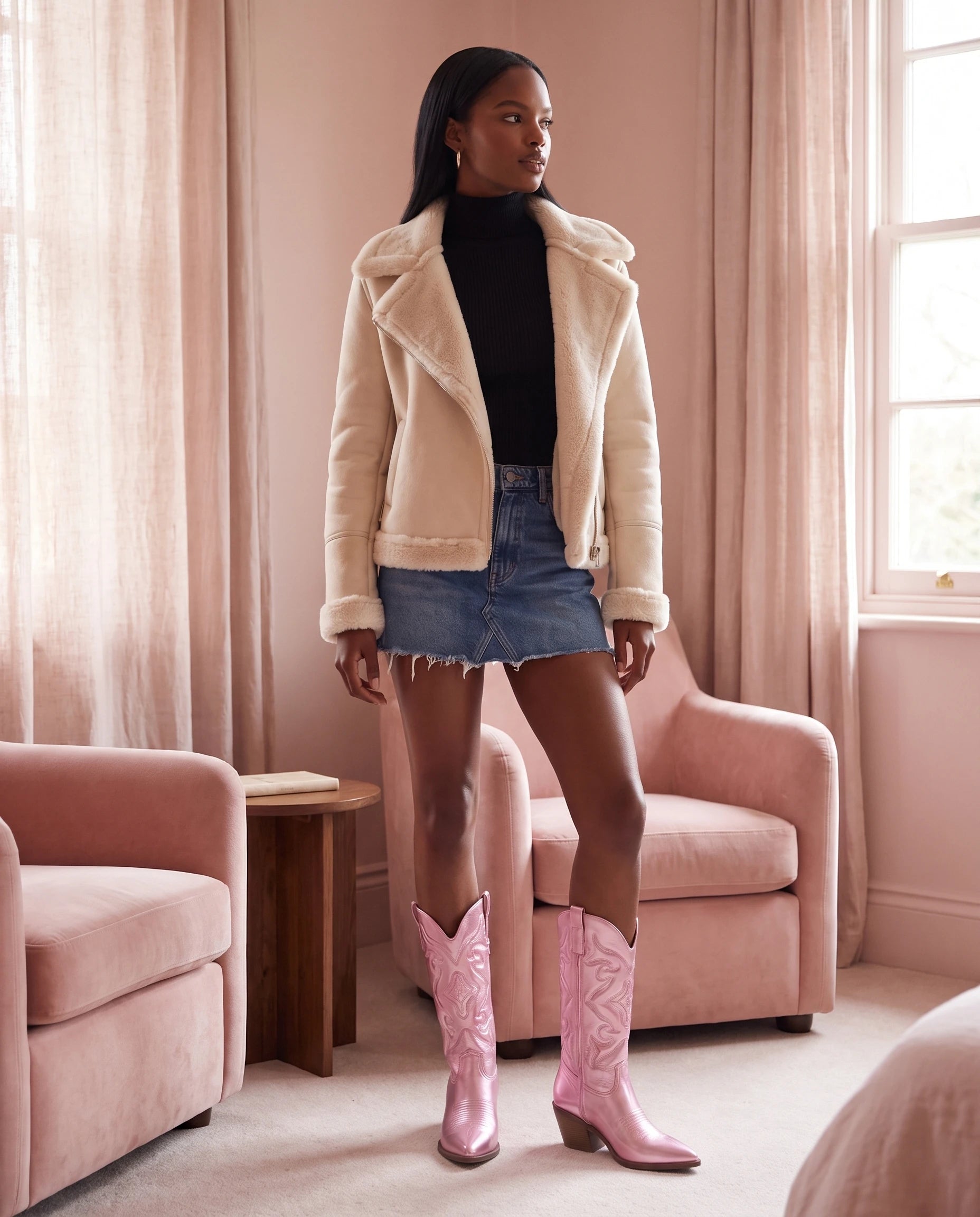Bottes santiags mi-mollet en simili Artémise Rose Bonbon — portées en extérieur