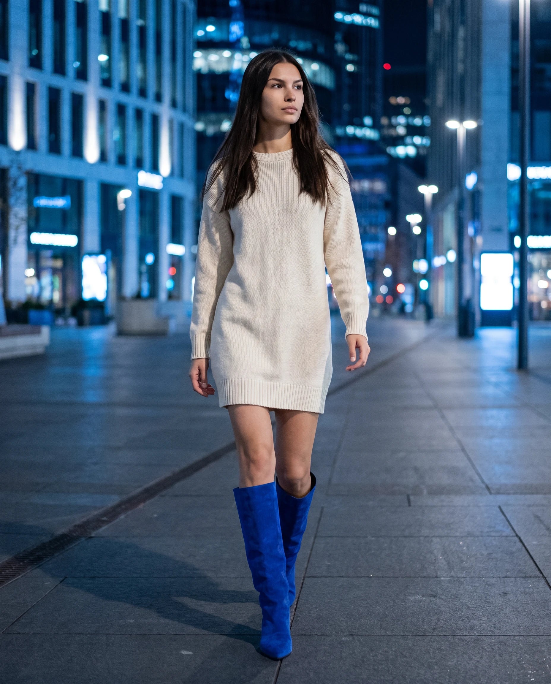 Bottes souples à petit talon en suédine Bernadette — Bleu Roi, portées en situation