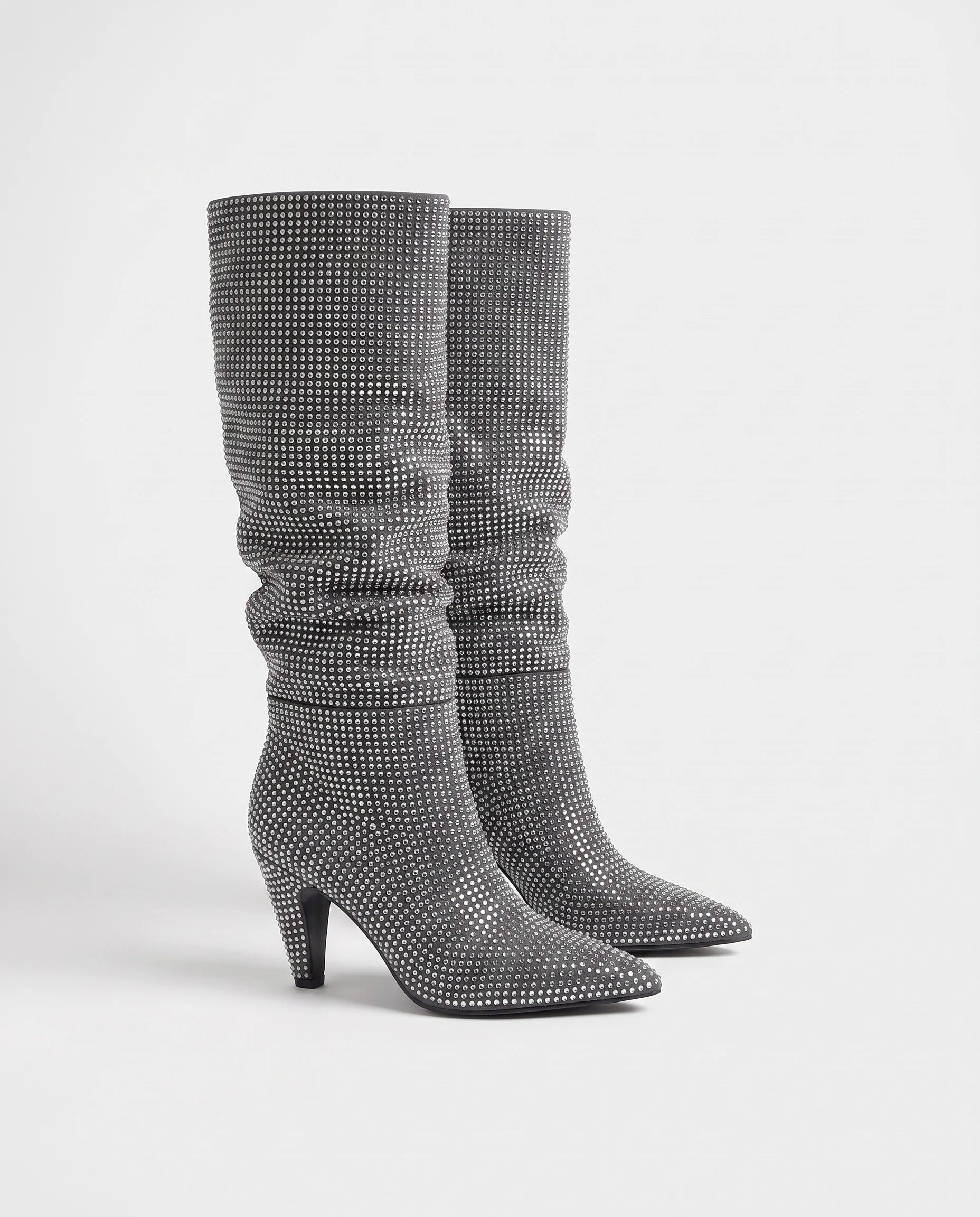 Bottes hautes slouchy à strass Odalie — Gris Ardoise, paire vue de profil en studio