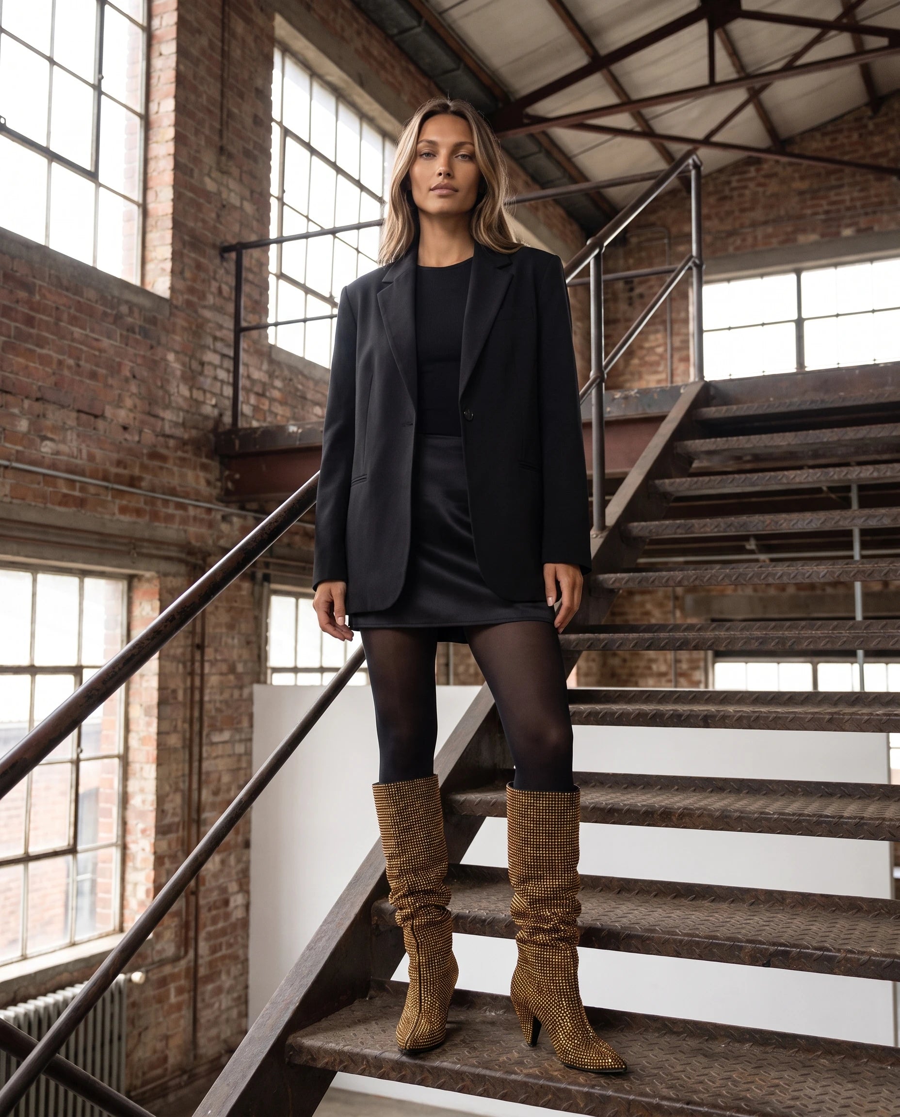 Bottes hautes slouchy à strass Odalie — Bronze, portées sur un escalier de métal d'entrepôt réhabilité