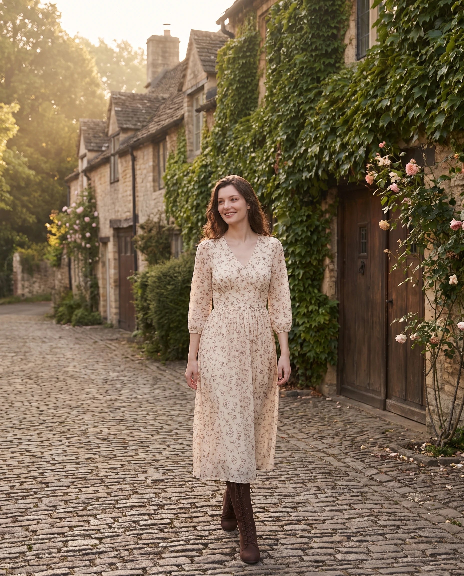 Bottes lacées victoriennes en suédine Wilhelmine — Brun Cacao, portées en extérieur