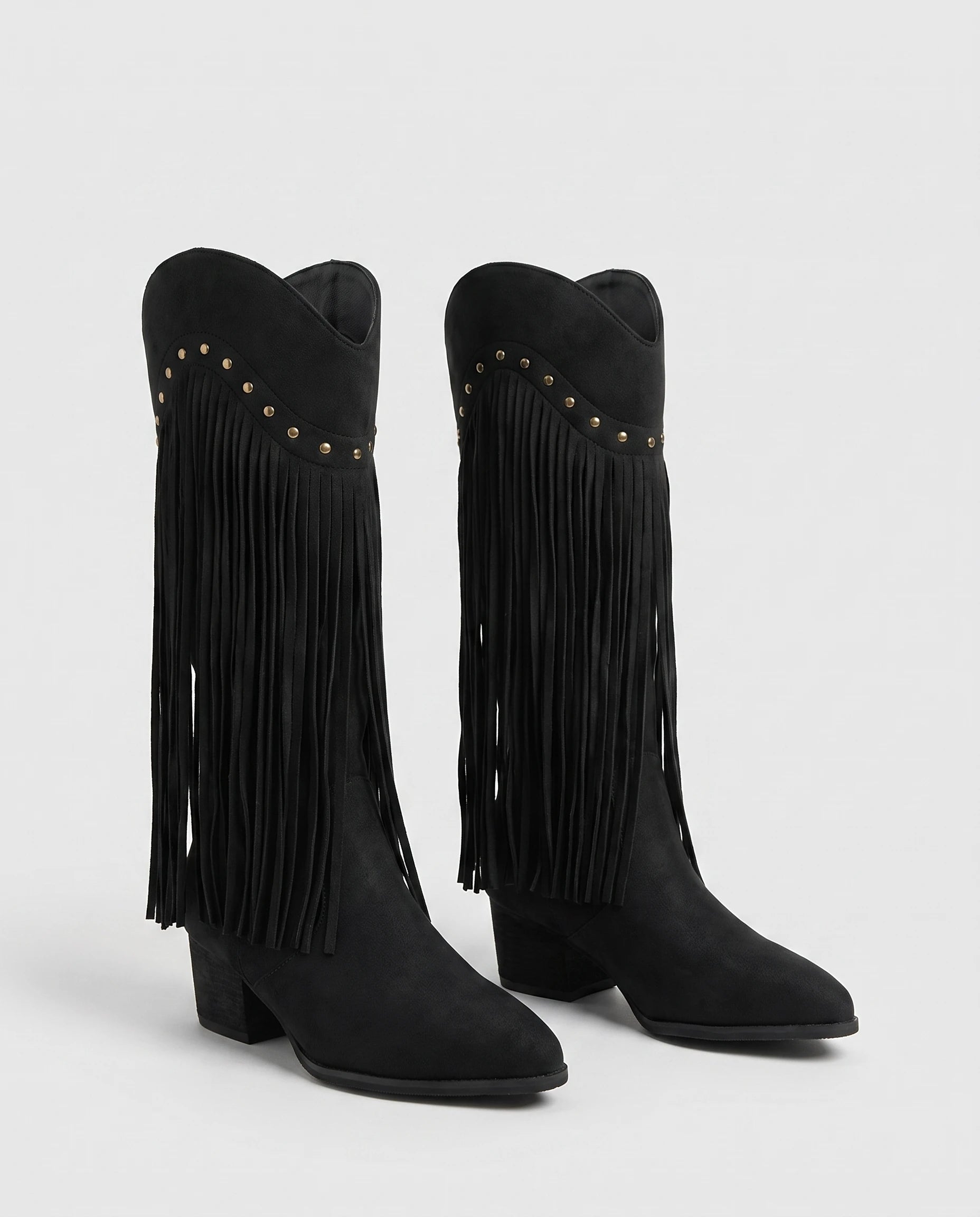 Bottes hautes western à franges cloutées Florentine — Noir, paire vue de trois quarts avant studio