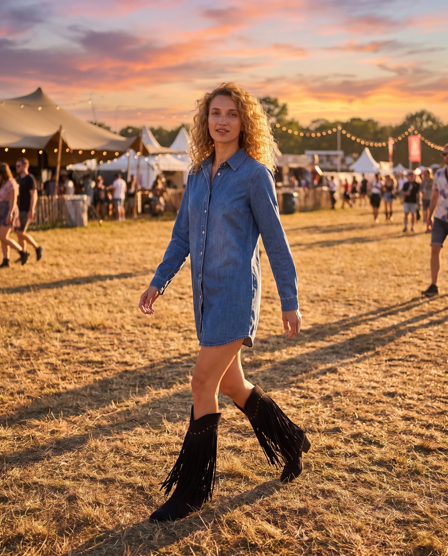Bottes hautes western à franges cloutées Florentine — Noir, portées dans un champ de festival au coucher du soleil