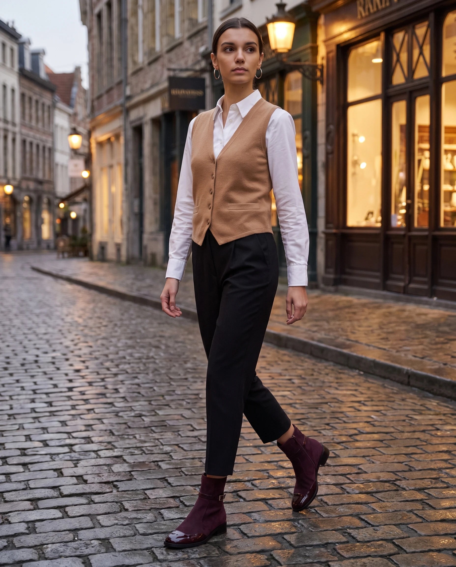 Bottines bi-matiere a bout verni Hyacinthe Prune-Marron — portées en extérieur