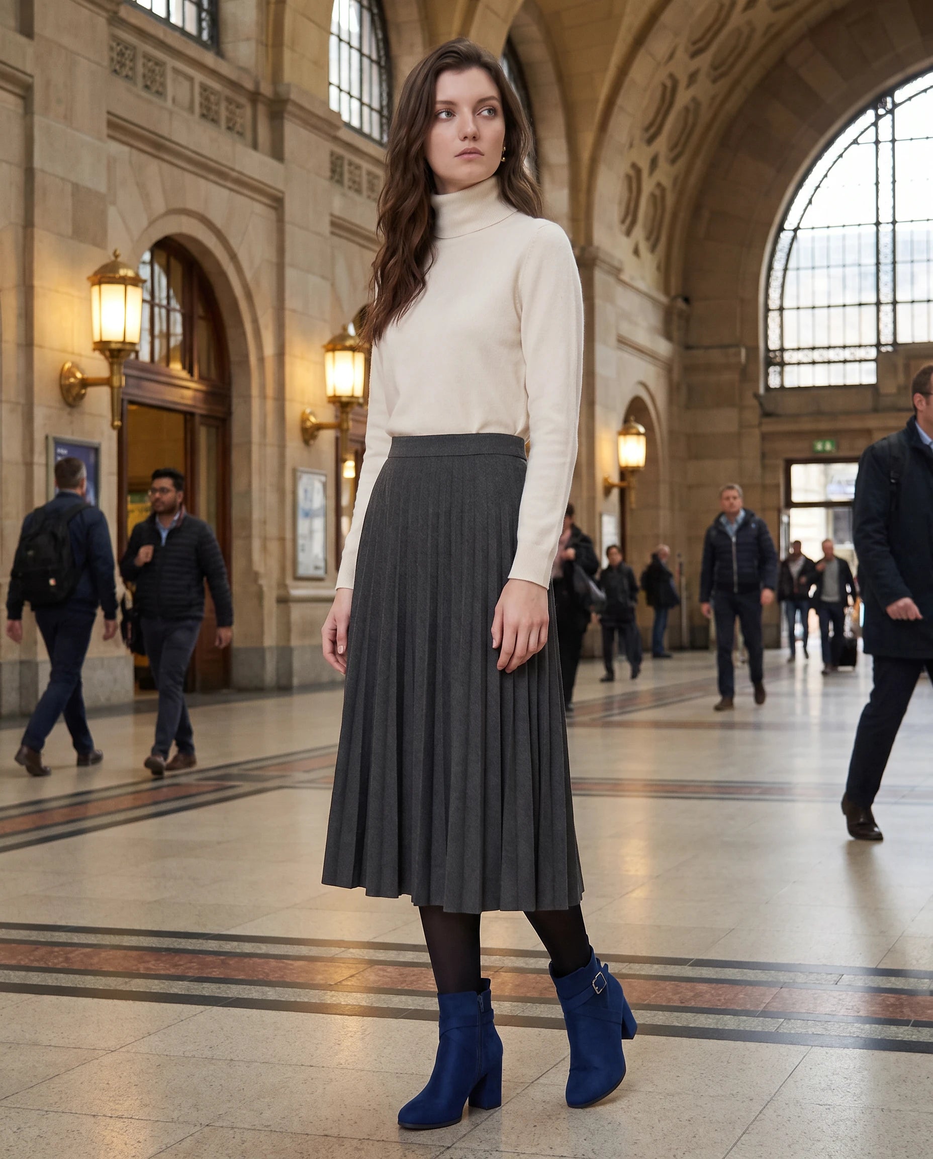 Bottines a bride et boucle en suedine Armantine Bleu Outremer — portées en extérieur