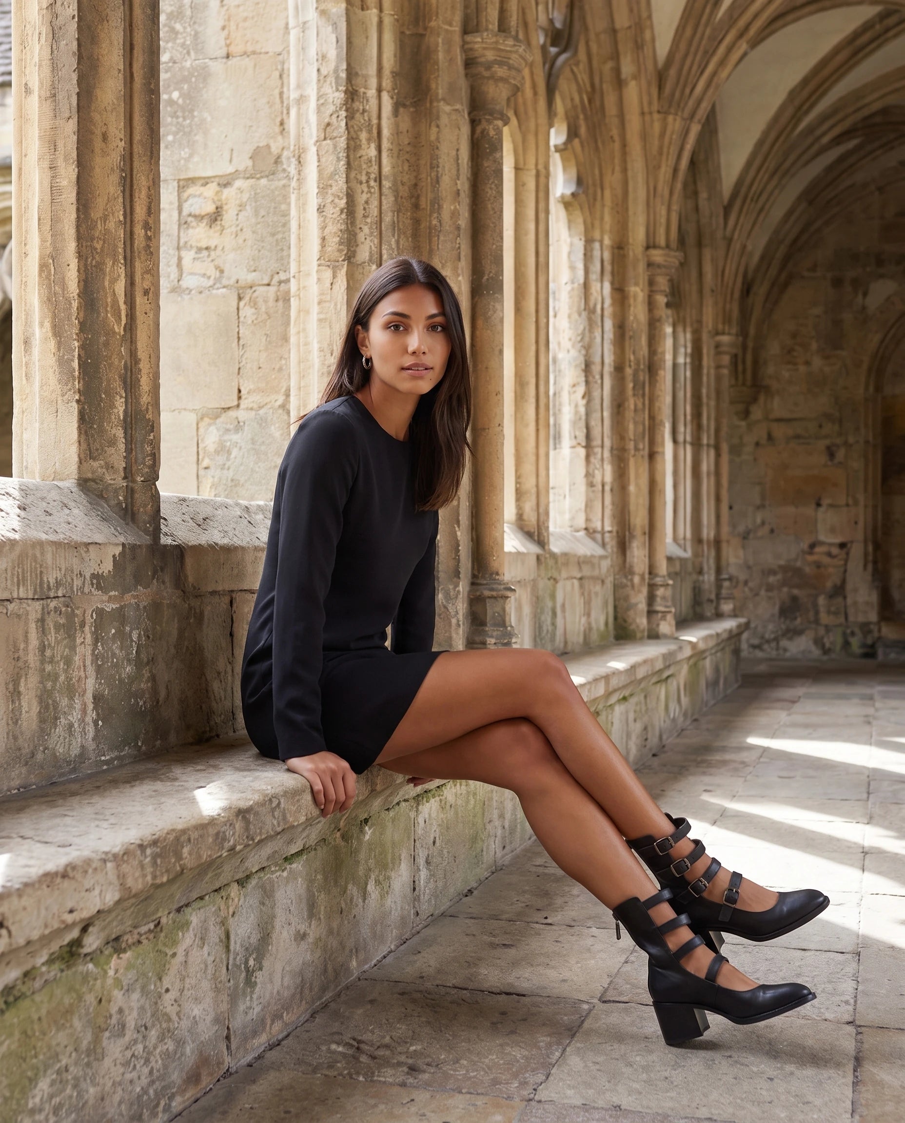 Bottines pointues à brides et boucles en simili Guenièvre Noir — portées en extérieur