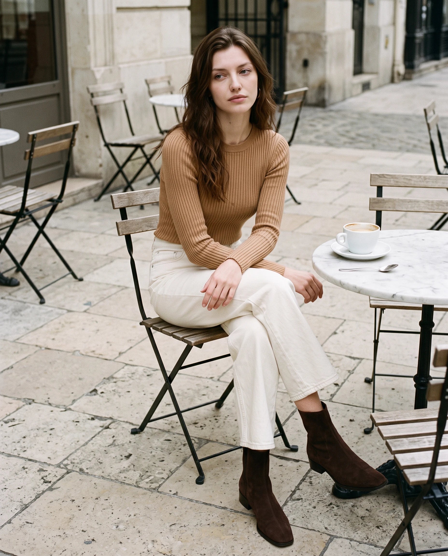 Bottines à bout carré en suédine Éponine — Chocolat, portées en situation