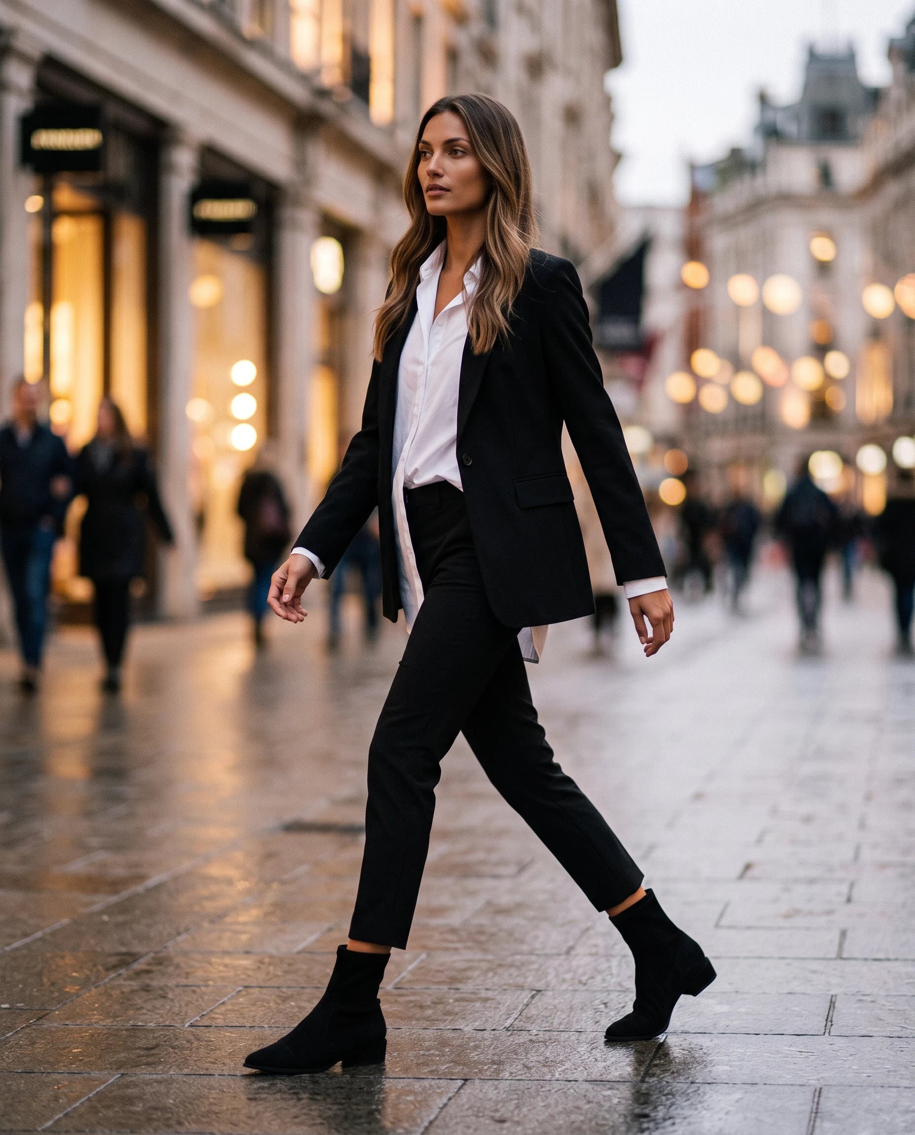 Bottines chaussette plates à bout pointu Célinie — Noir, portées en situation urbaine