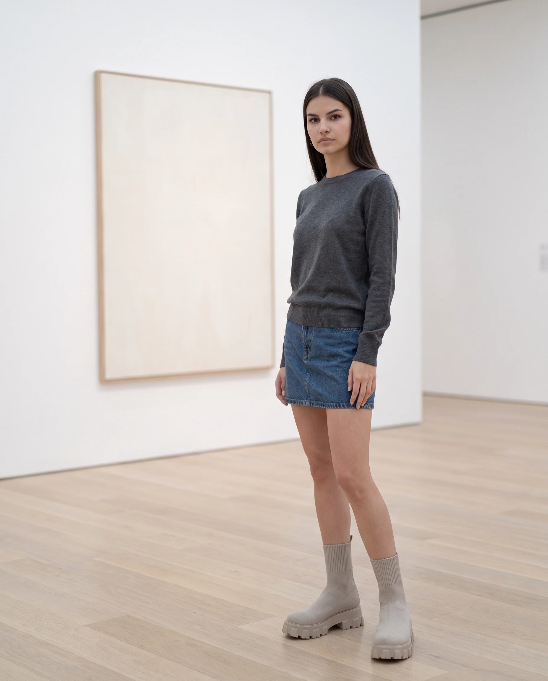 Bottines chaussettes à plateforme Antoinette — Beige, portées dans une galerie d'art aux murs blancs