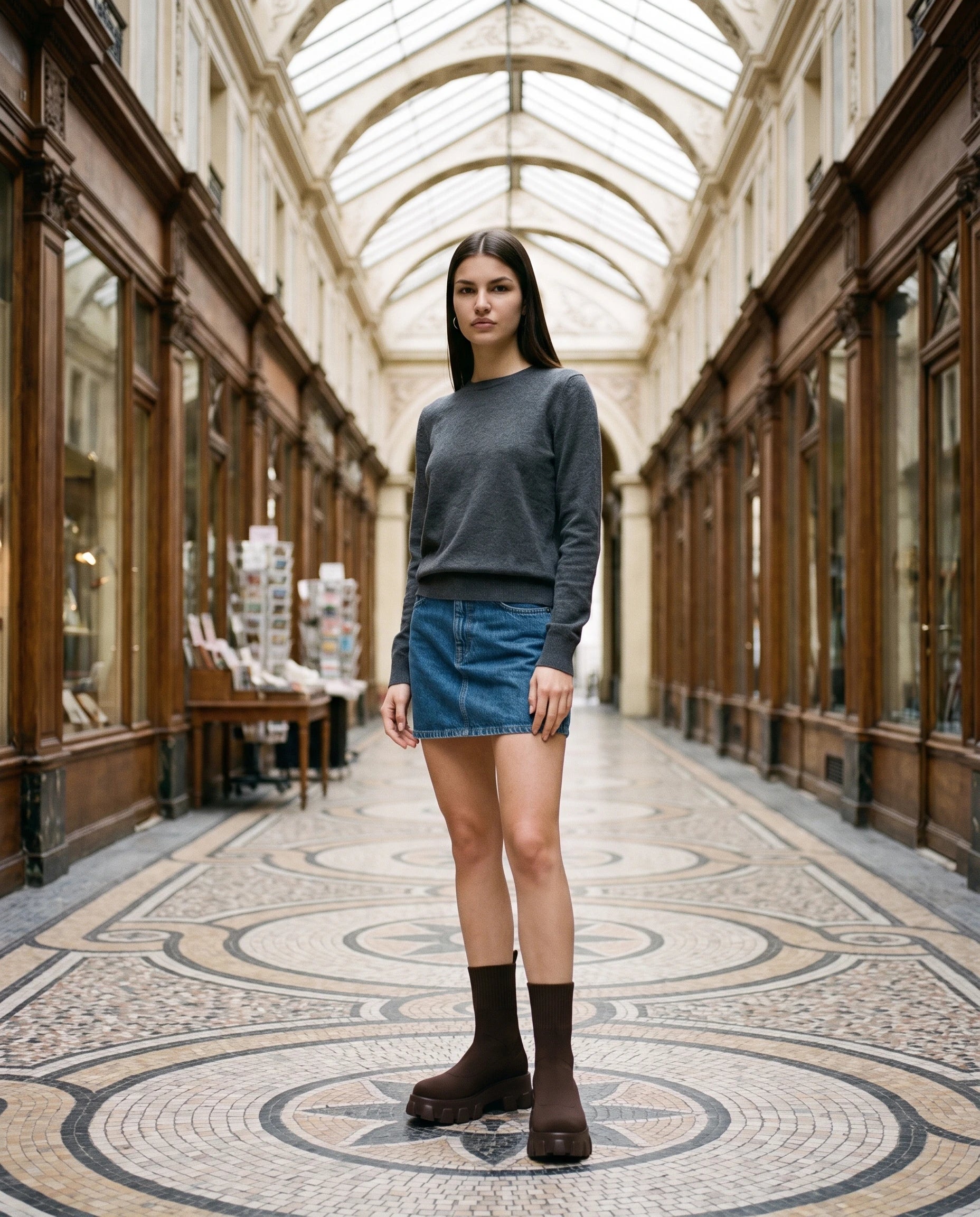 Bottines chaussettes à plateforme Antoinette — Chocolat, portées dans un passage couvert aux mosaïques