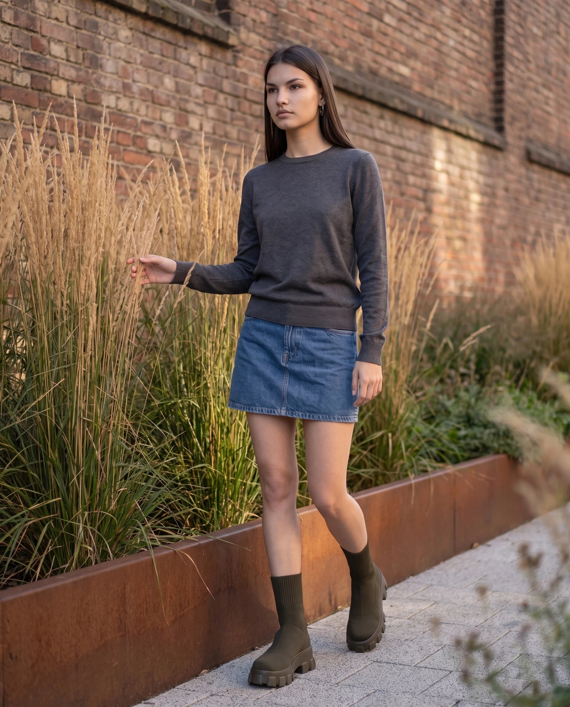 Bottines chaussettes à plateforme Antoinette — Kaki, portées dans un jardin urbain aux graminées