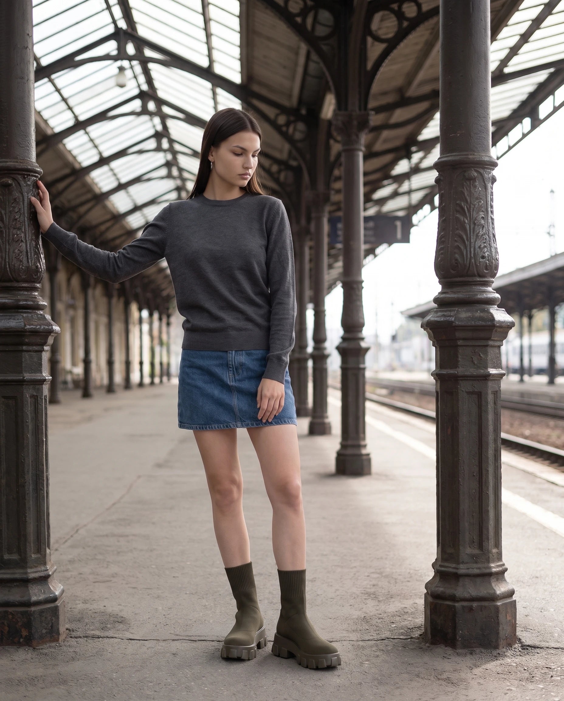 Bottines chaussettes à plateforme Antoinette — Kaki, portées sur un quai de gare sous verrière