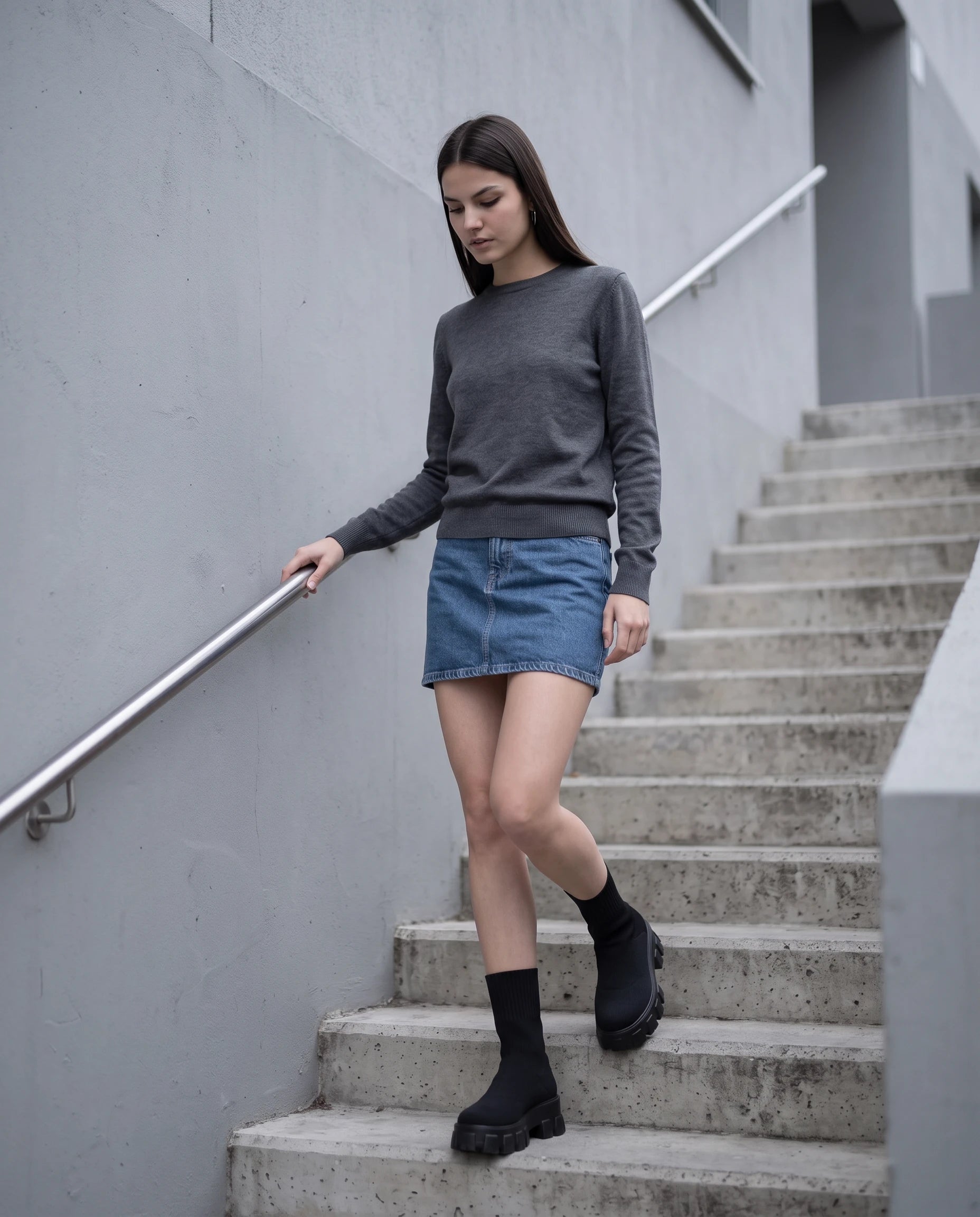 Bottines chaussettes à plateforme Antoinette — Noir, portées dans un escalier de béton brut
