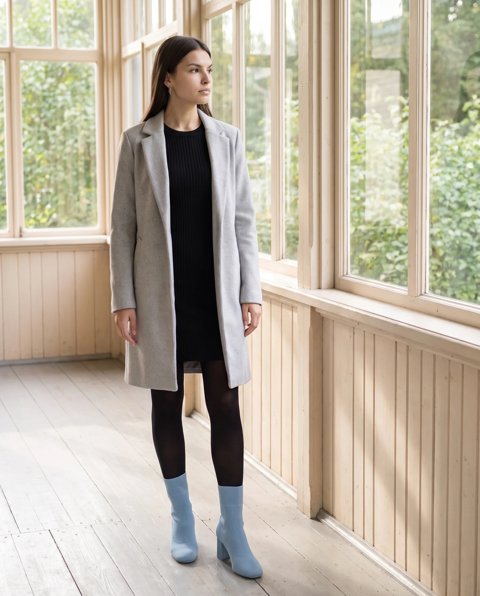 Bottines chaussettes en maille a talon haut Adelphine Bleu Ciel — portées en situation